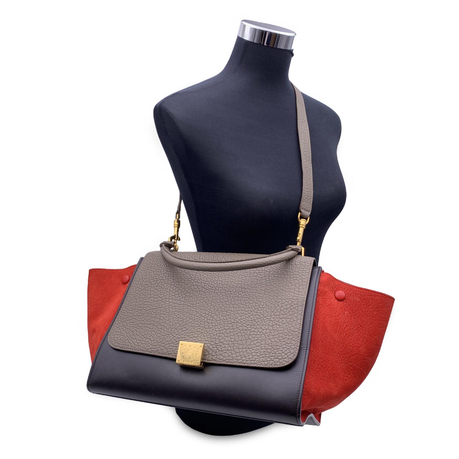 This beautiful Bag will come with a Certificate of Authenticity provided by Entrupy. The certificate will be provided at no further cost.

Beautiful Celine 'Trapeze' satchel bag. Crafted from leather in red, blue, and grey color. Gold metal