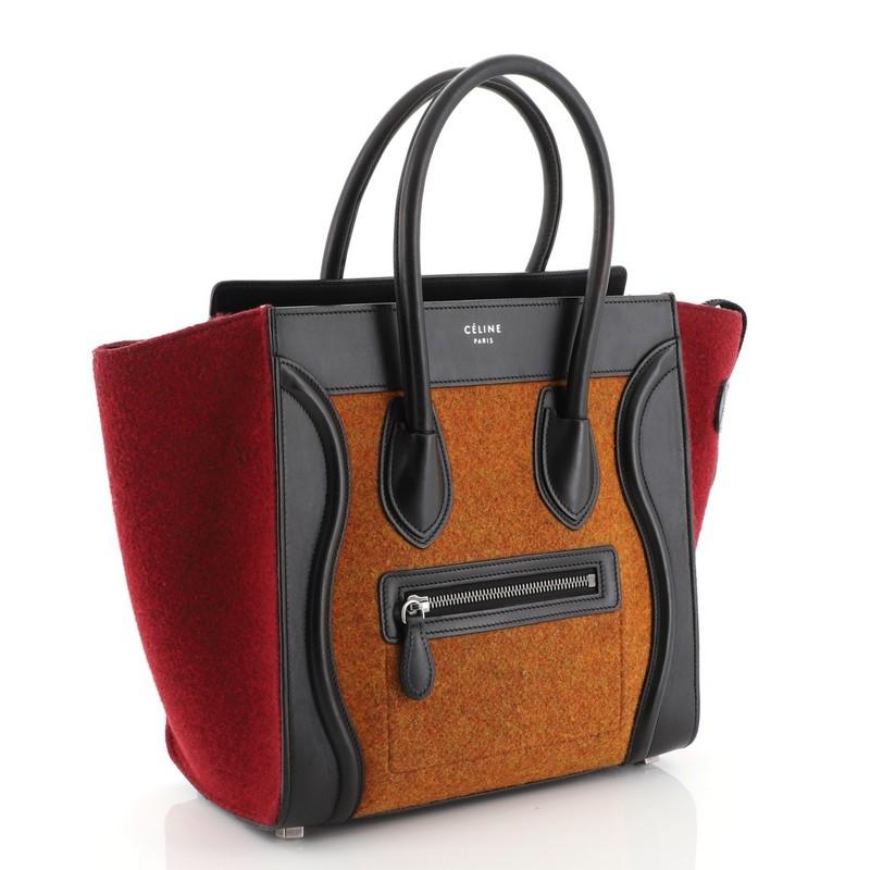 This Celine Tricolor Luggage Handbag Felt Micro, crafted in multicolor felt, features dual rolled leather handles, front zip pocket, and aged silver-tone hardware. Its zip closure opens to a black leather interior with zip and slip pockets.