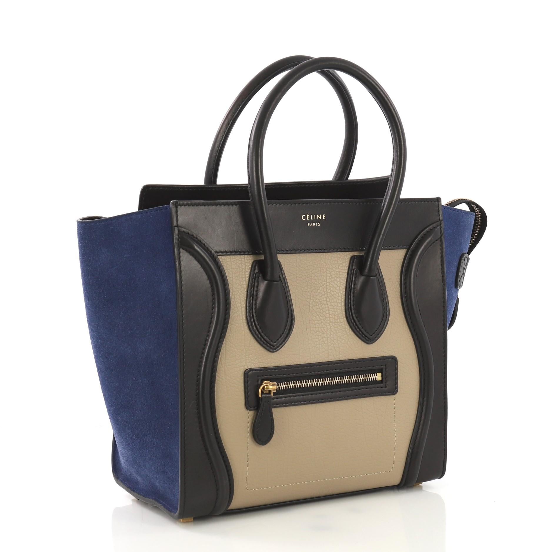 This Celine Tricolor Luggage Handbag Leather Micro, crafted in tricolor leather and suede, features dual rolled leather handles, front zip pocket, and aged gold-tone hardware. Its zip closure opens to a black leather interior with zip and slip