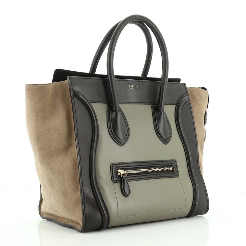 This Celine Tricolor Luggage Handbag Leather Mini, crafted in black, green, neutral leather, features dual rolled leather handles, front zip pocket, and aged gold-tone hardware. Its zip closure opens to a black leather interior with zip and slip