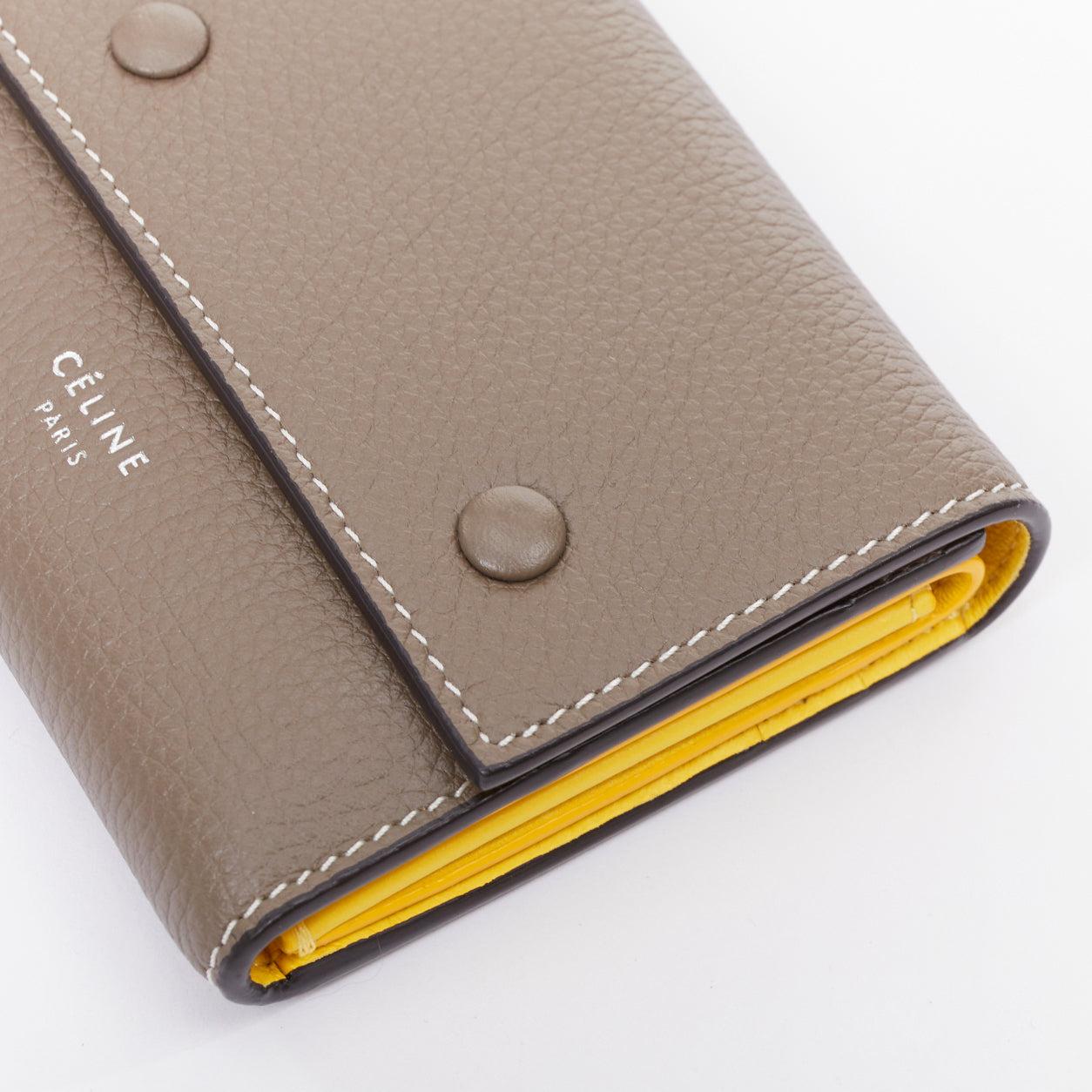 CELINE Trifold Compact Dune drummed calfskin yellow lined folded wallet in vendita 2
