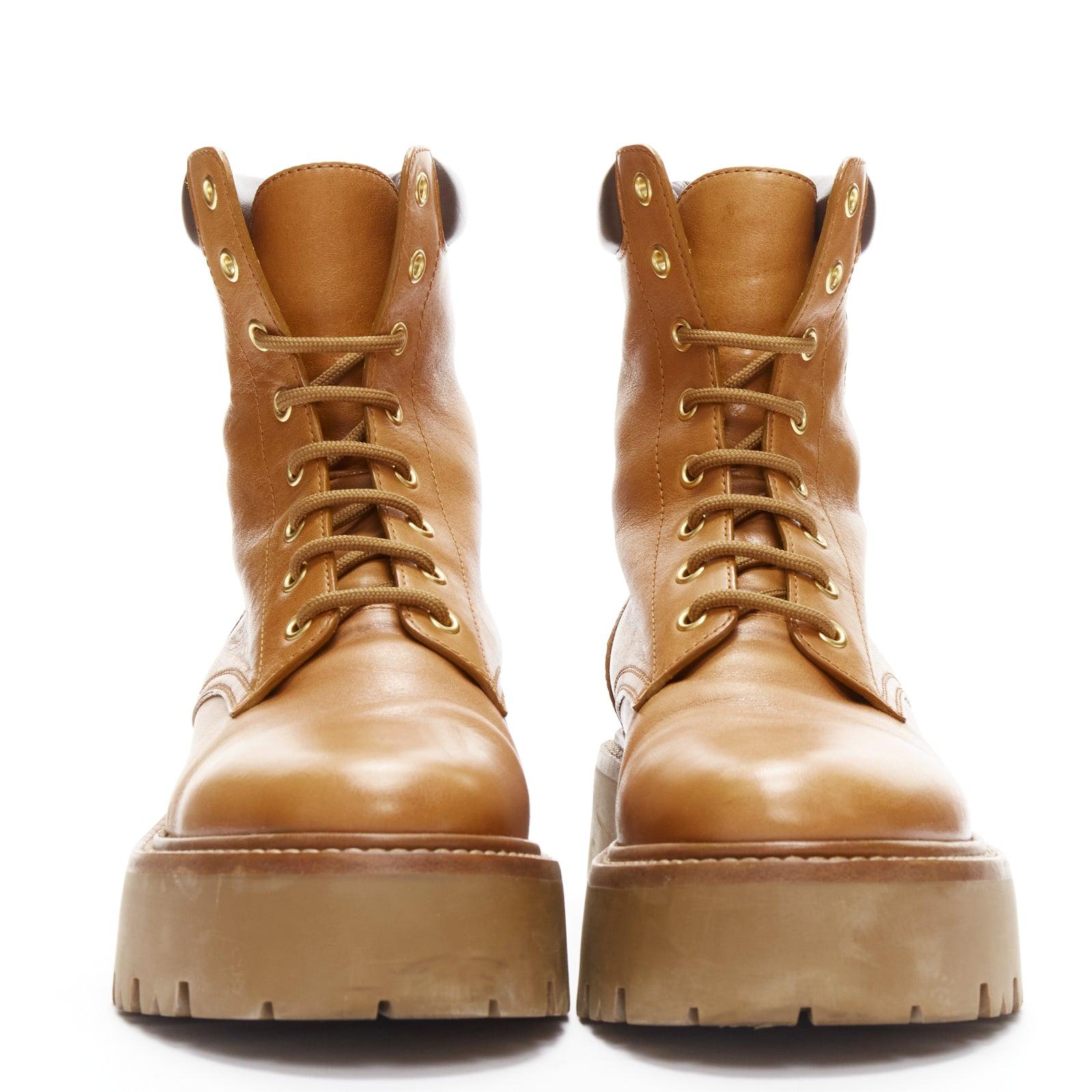 CELINE Triomphe Bulky logo tan calfskin lace up worker lug sole boots EU38 In Good Condition In Hong Kong, NT