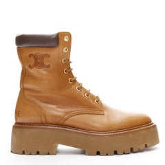 CELINE Triomphe Bulky logo tan calfskin lace up worker lug sole boots EU38