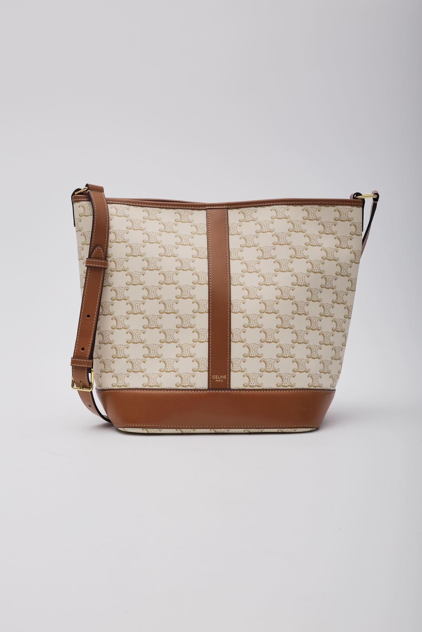 Brown Celine Triomphe Canvas Calfskin Bucket Bag Small White For Sale