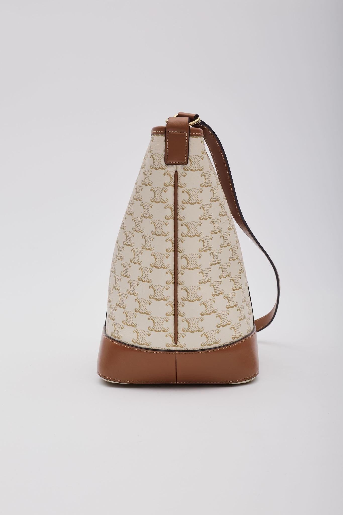 Women's Celine Triomphe Canvas Calfskin Bucket Bag Small White For Sale