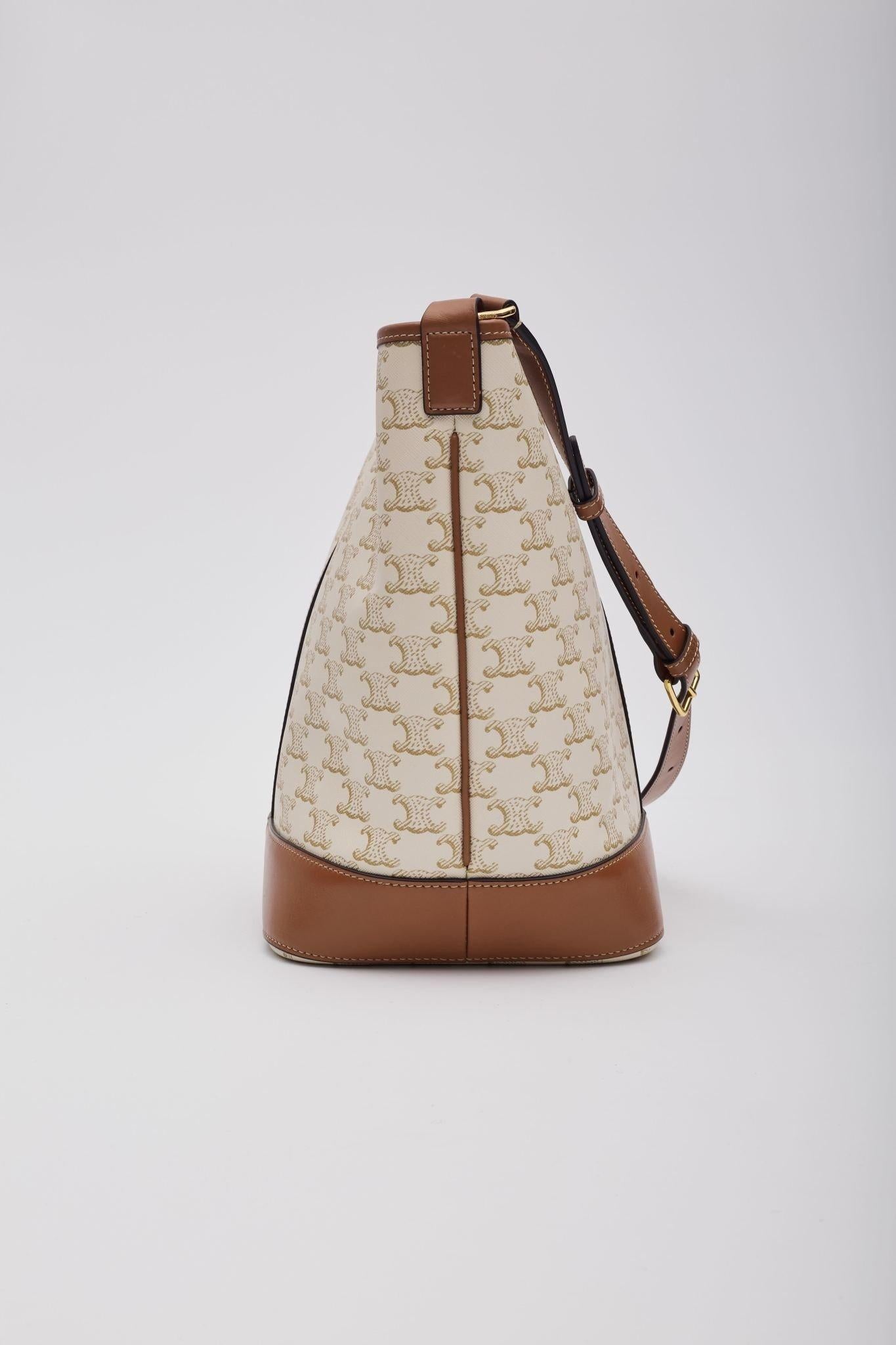 Celine Triomphe Canvas Calfskin Bucket Bag Small White For Sale 1