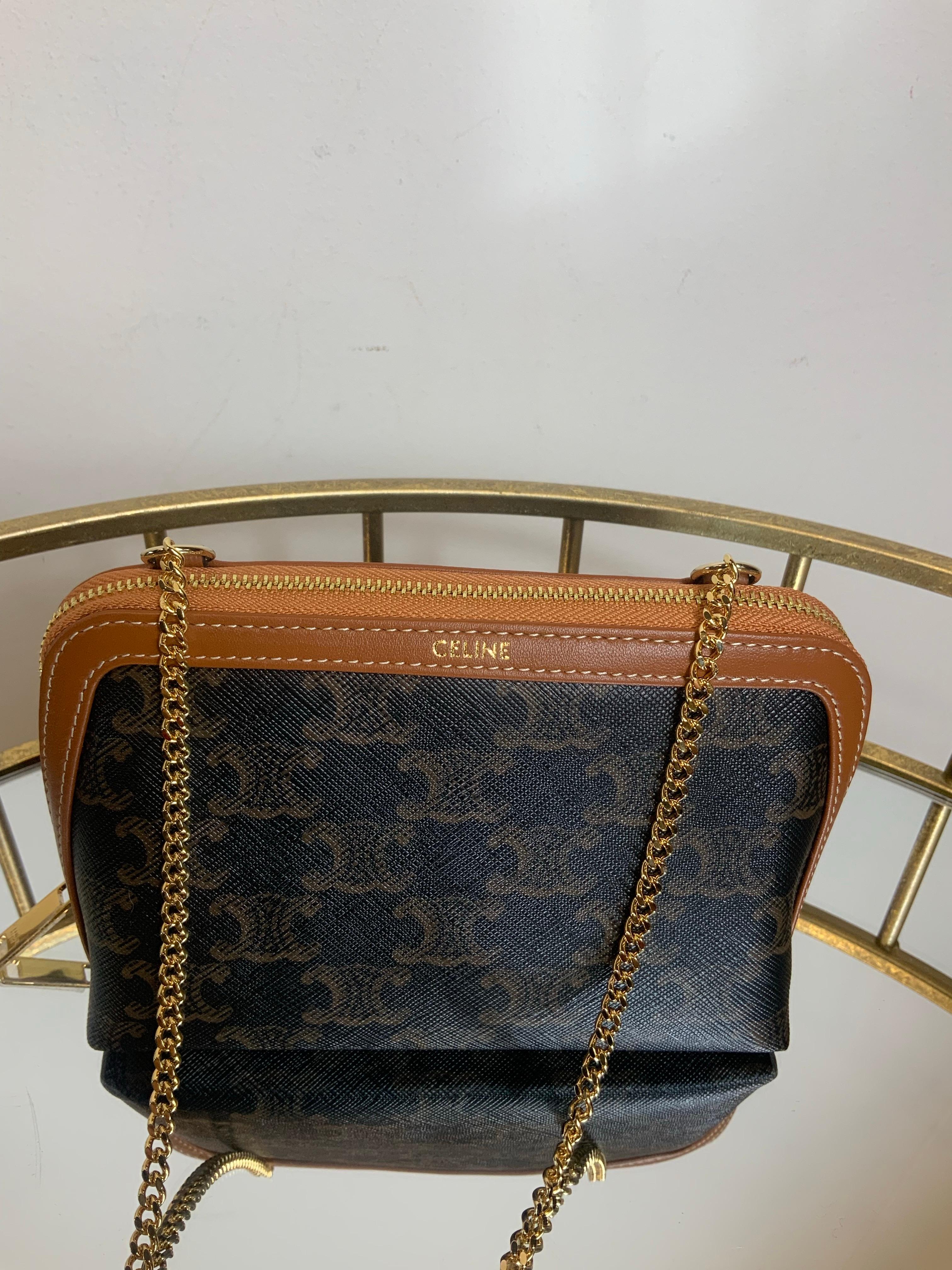 Black Celine triomphe canvas, lambskin and gold hardware Shoulder Bag
