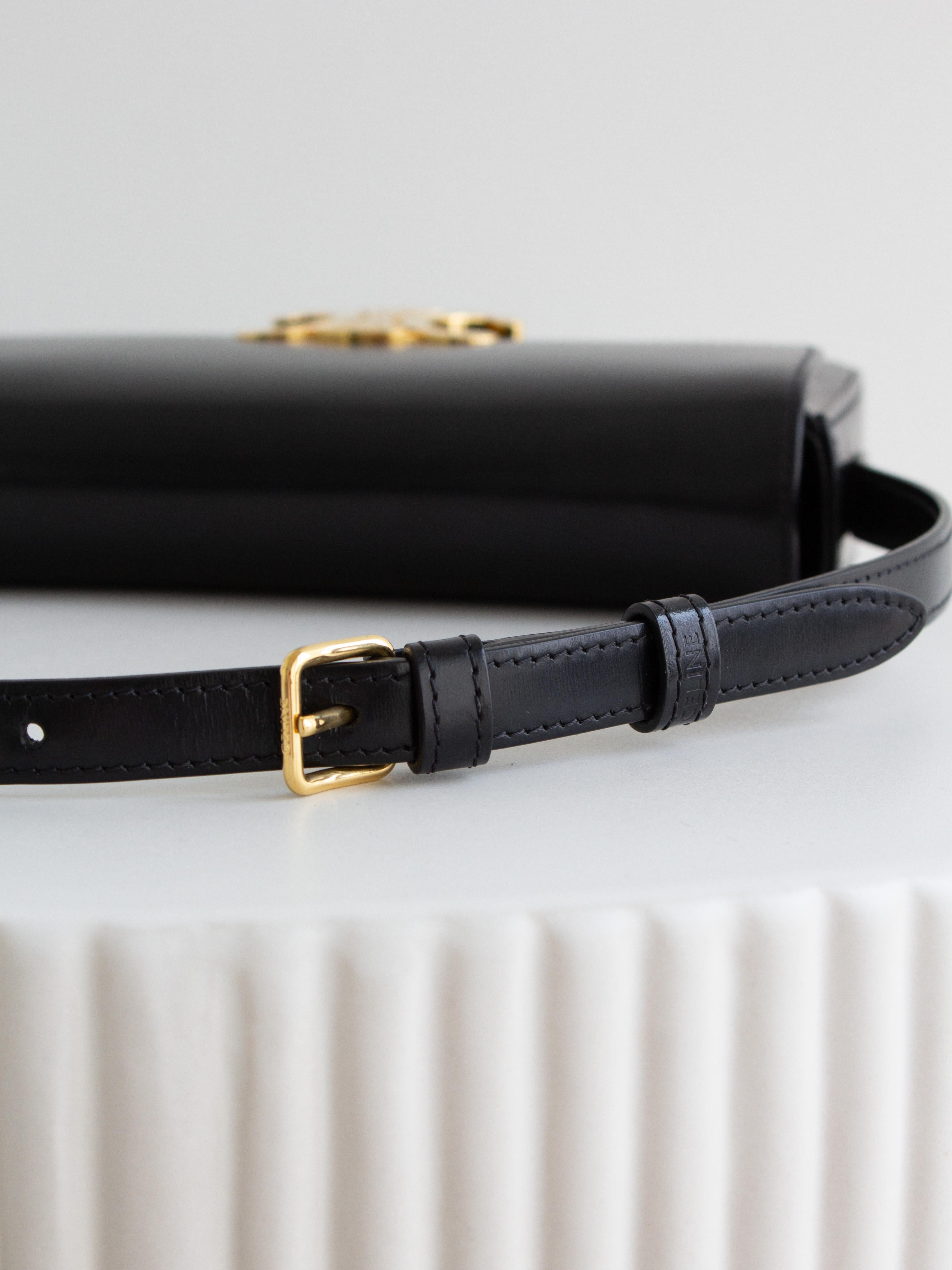 Sac à bandoulière en cuir de veau brillant Celine Triomphe Claude Noir Or en vente 6