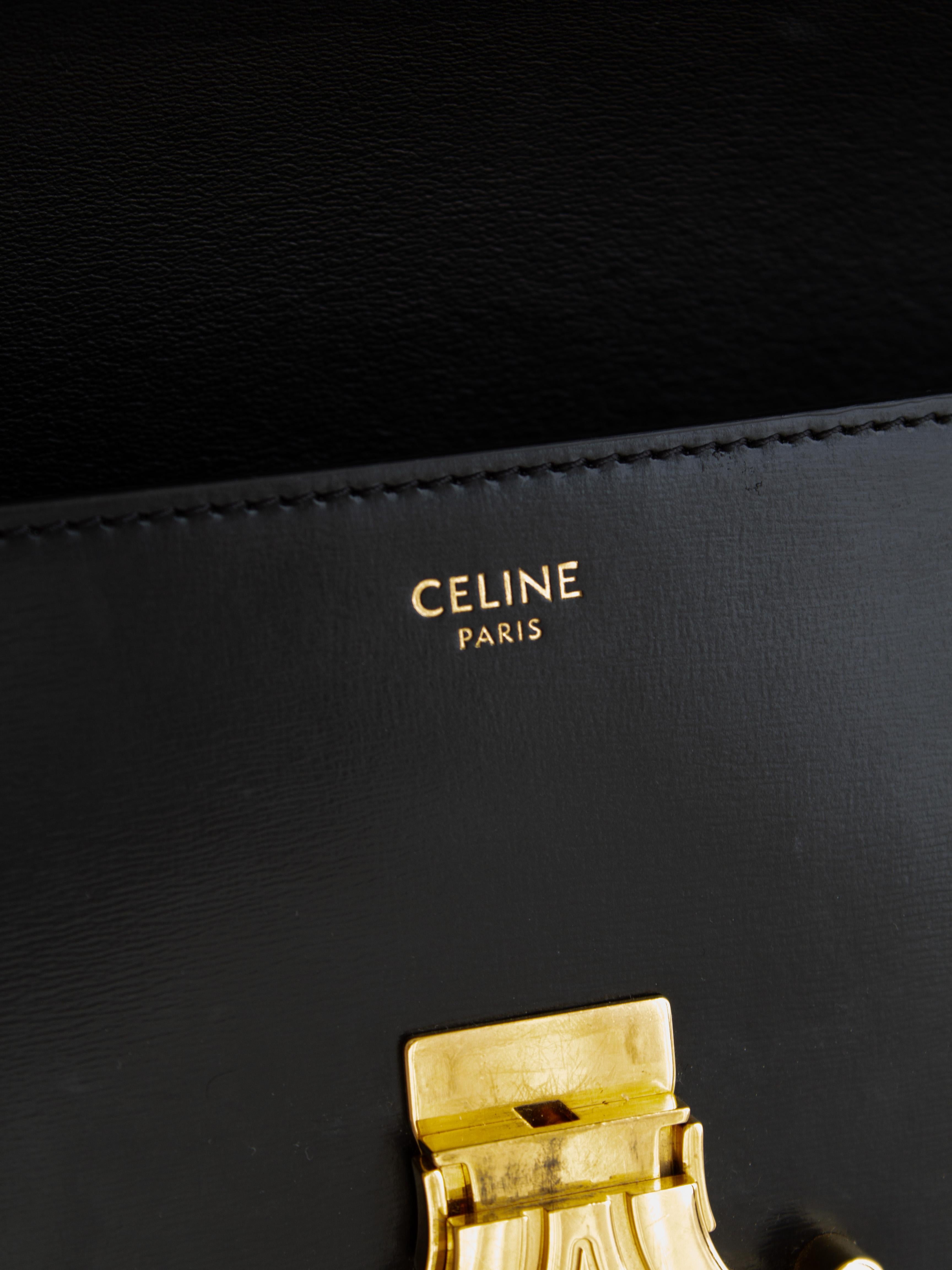 Sac à bandoulière en cuir de veau brillant Celine Triomphe Claude Noir Or en vente 9