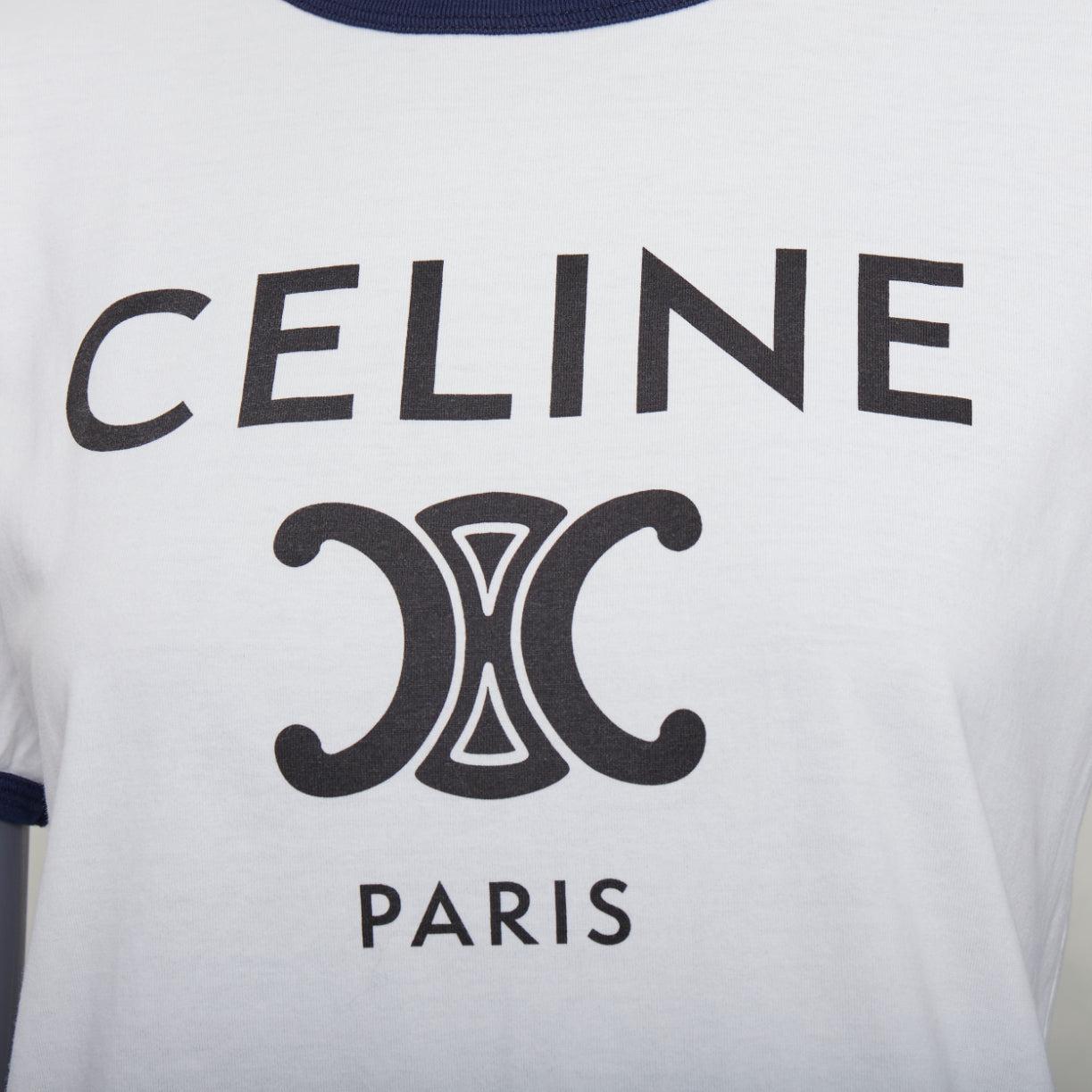 CELINE Triomphe cream navy cotton logo print crew neck ringer tshirt M
Reference: CNPG/A00144
Brand: Celine
Designer: Hedi Slimane
Material: Cotton
Color: Cream, Navy
Pattern: Solid
Closure: Pullover
Made in: France

CONDITION:
Condition: Very good,