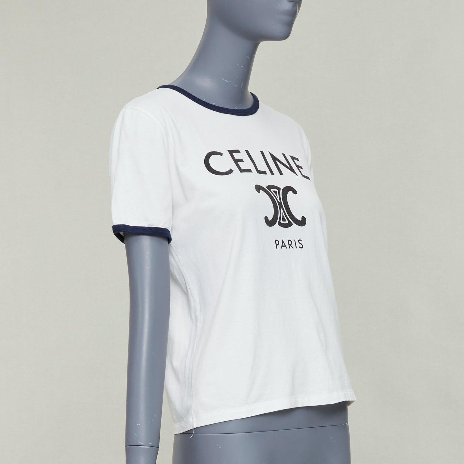 Gray CELINE Triomphe cream navy cotton logo print crew neck ringer tshirt M For Sale
