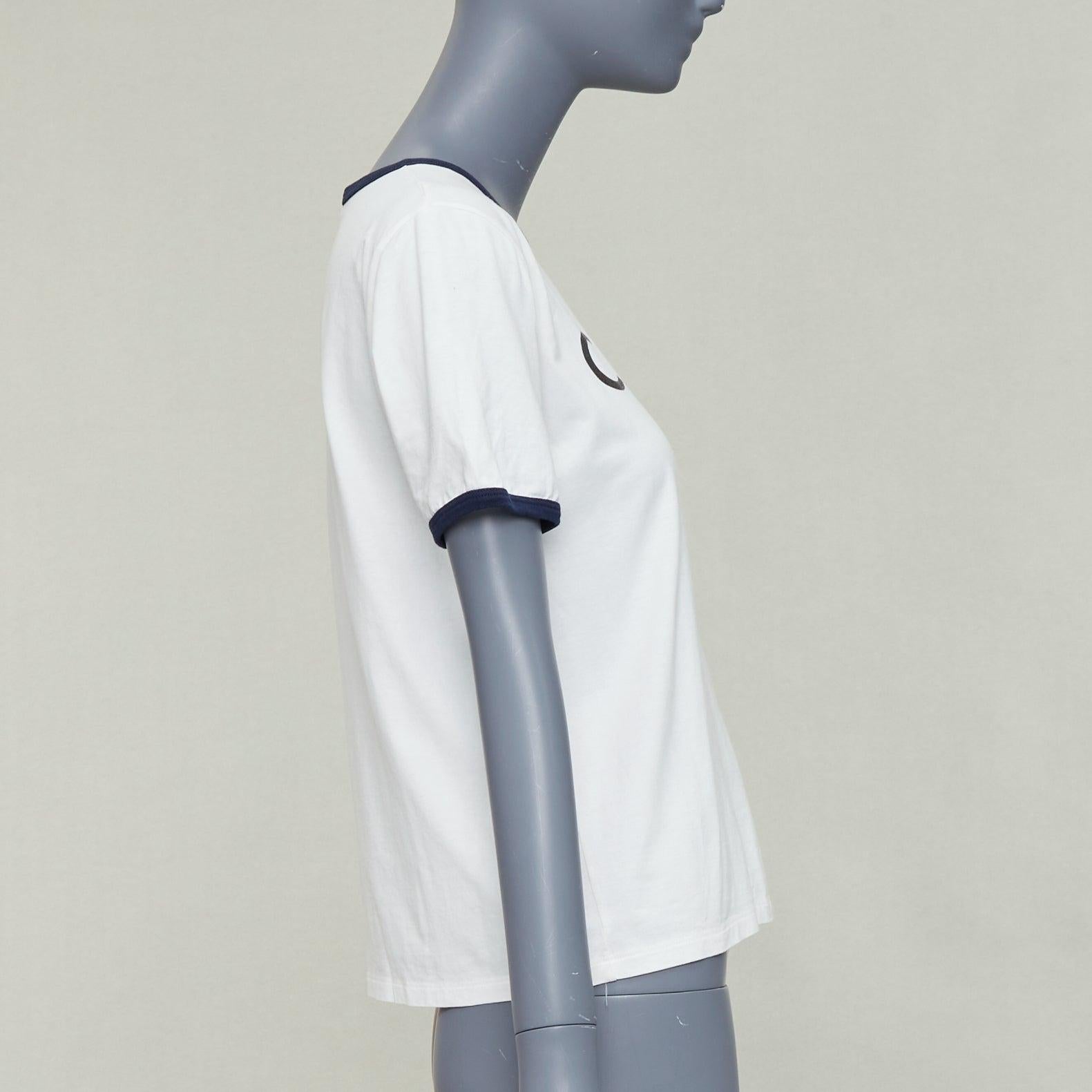 CELINE Triomphe cream navy cotton logo print crew neck ringer tshirt M In Good Condition For Sale In Hong Kong, NT