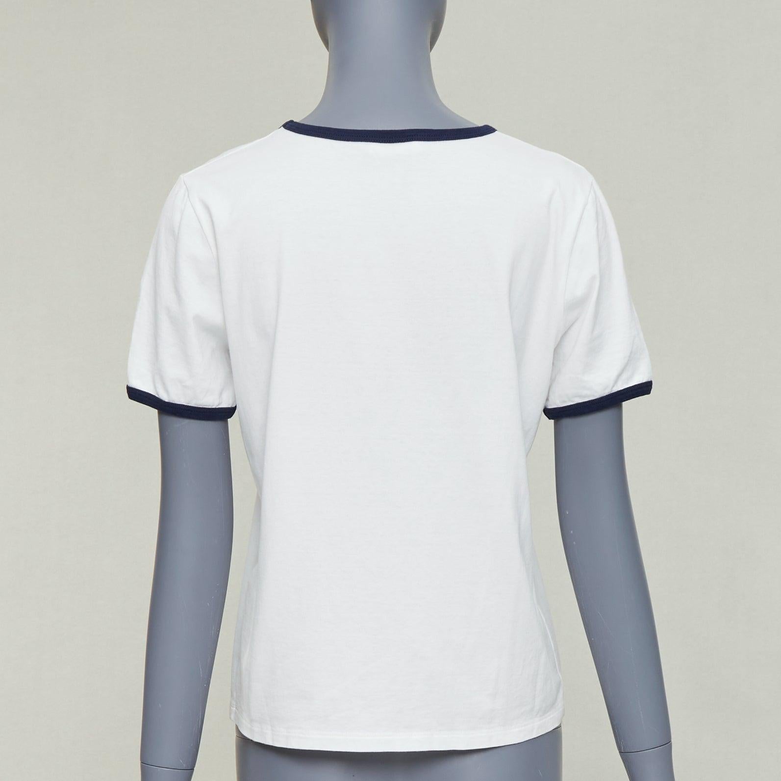 Women's CELINE Triomphe cream navy cotton logo print crew neck ringer tshirt M For Sale