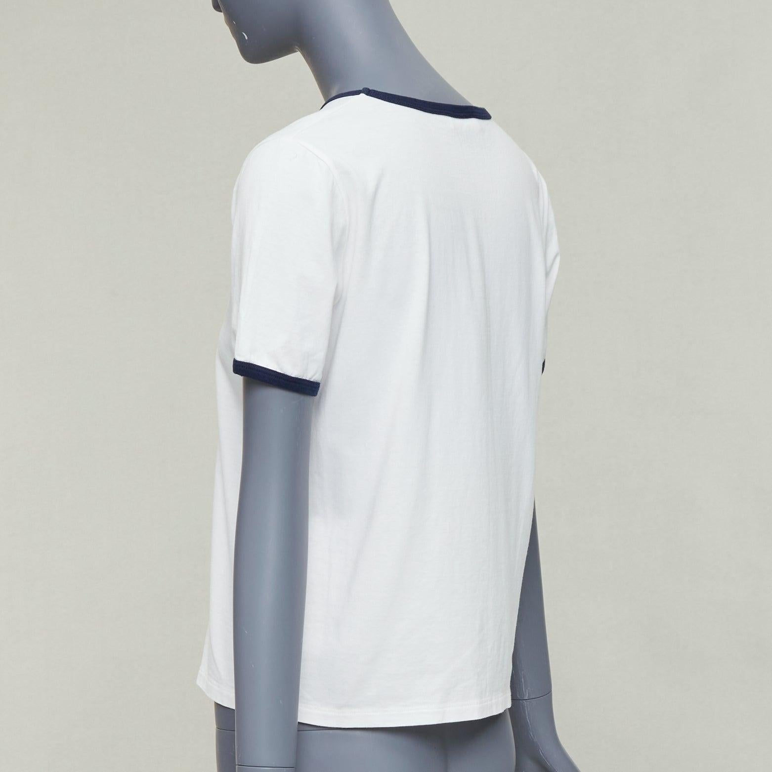 CELINE Triomphe cream navy cotton logo print crew neck ringer tshirt M For Sale 1