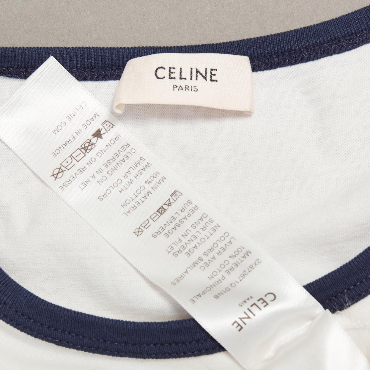 CELINE Triomphe cream navy cotton logo print crew neck ringer tshirt M For Sale 3