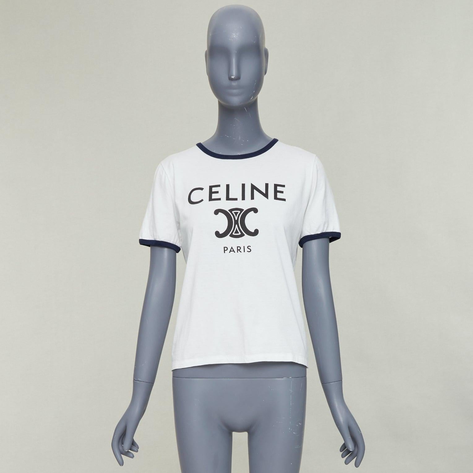 CELINE Triomphe cream navy cotton logo print crew neck ringer tshirt M For Sale 4