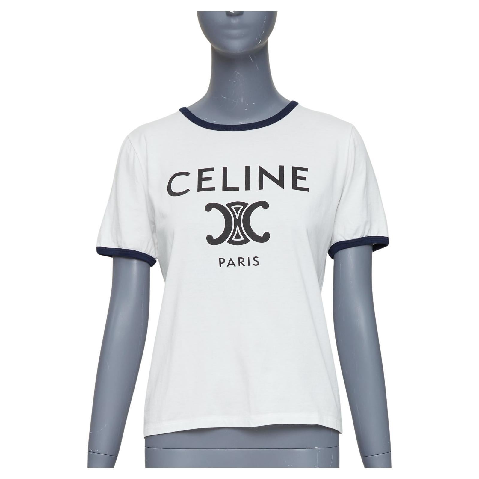 CELINE Triomphe cream navy cotton logo print crew neck ringer tshirt M For Sale