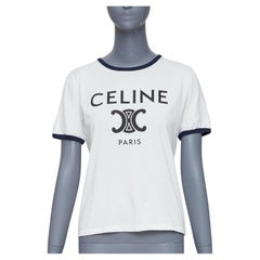 CELINE Triomphe cream navy cotton logo print crew neck ringer tshirt M