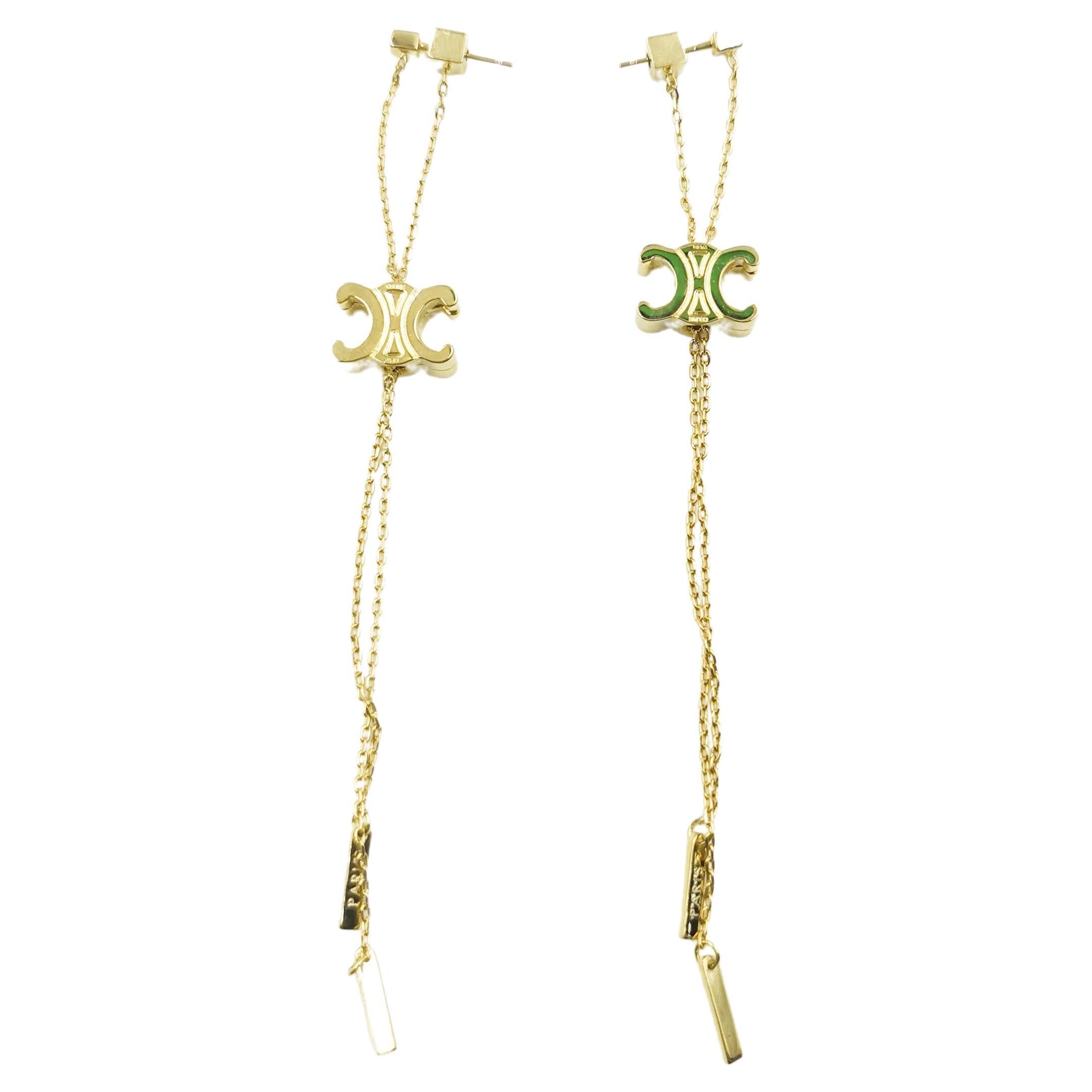 Celine Triomphe Logo Gold Tassel Earrings Long Thread For Sale at 1stDibs