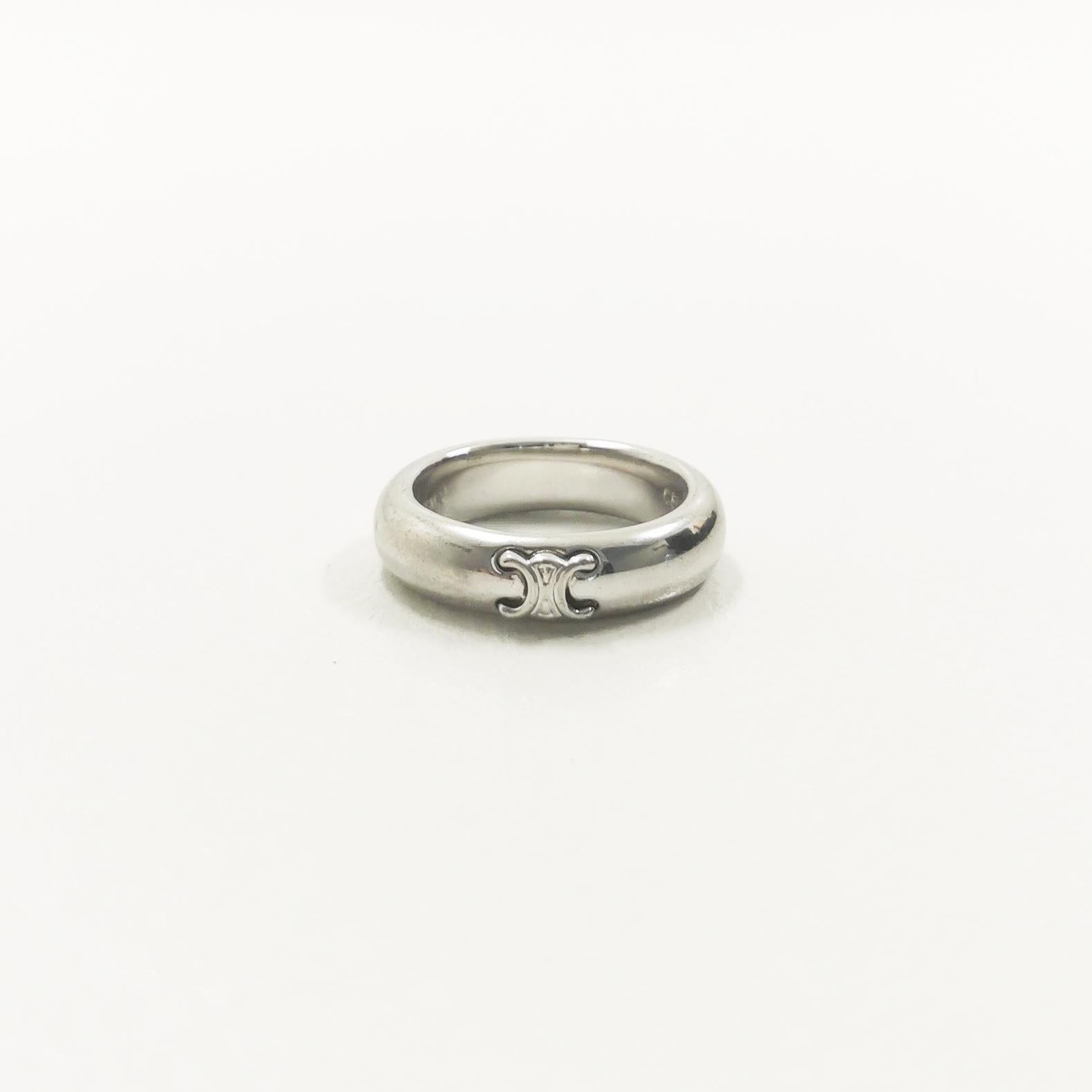 Contemporary Celine Triomphe Logo Silver Ring Size 52 For Sale