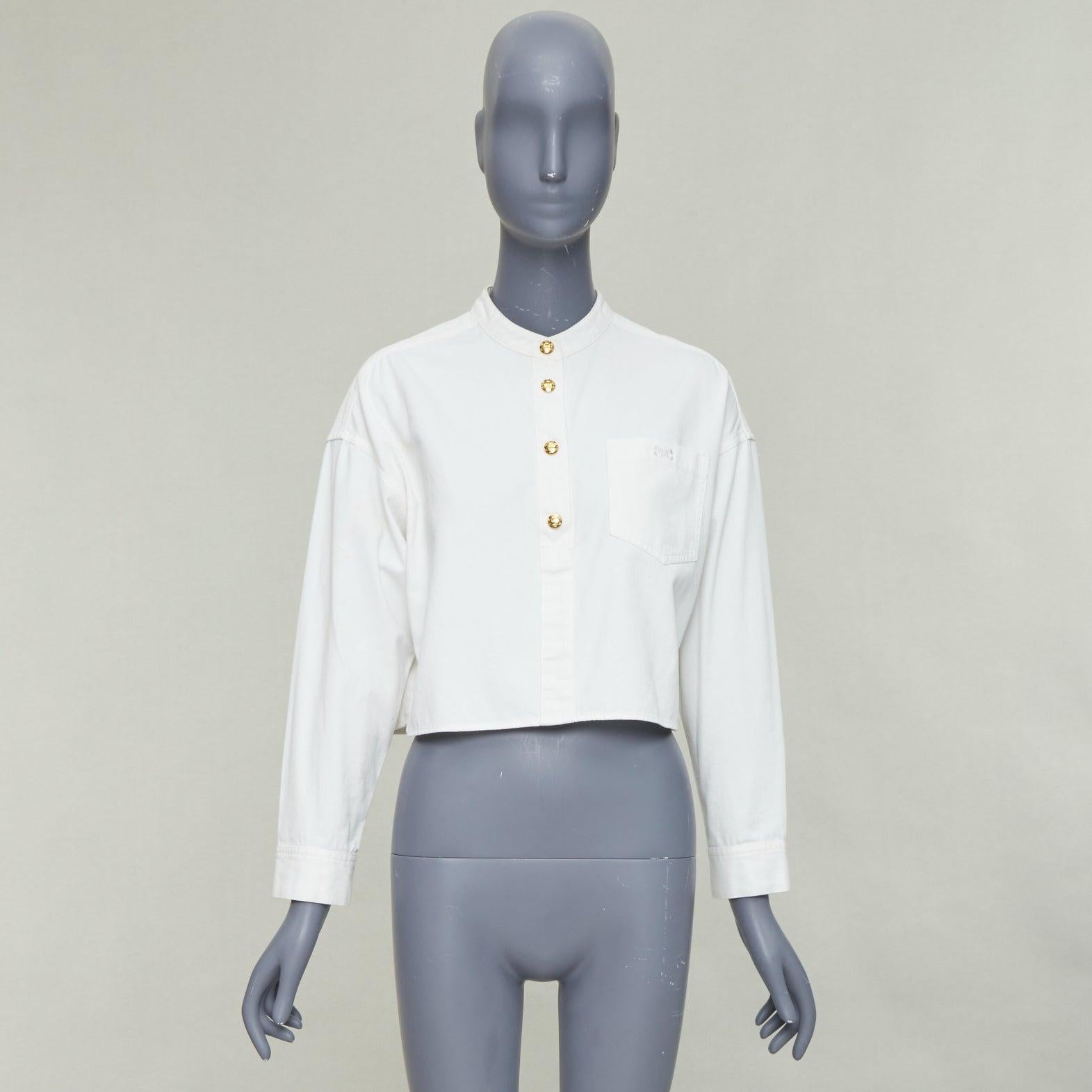 CELINE Triomphe optic white cotton anagram gold button crop popover shirt FR36 S For Sale 5