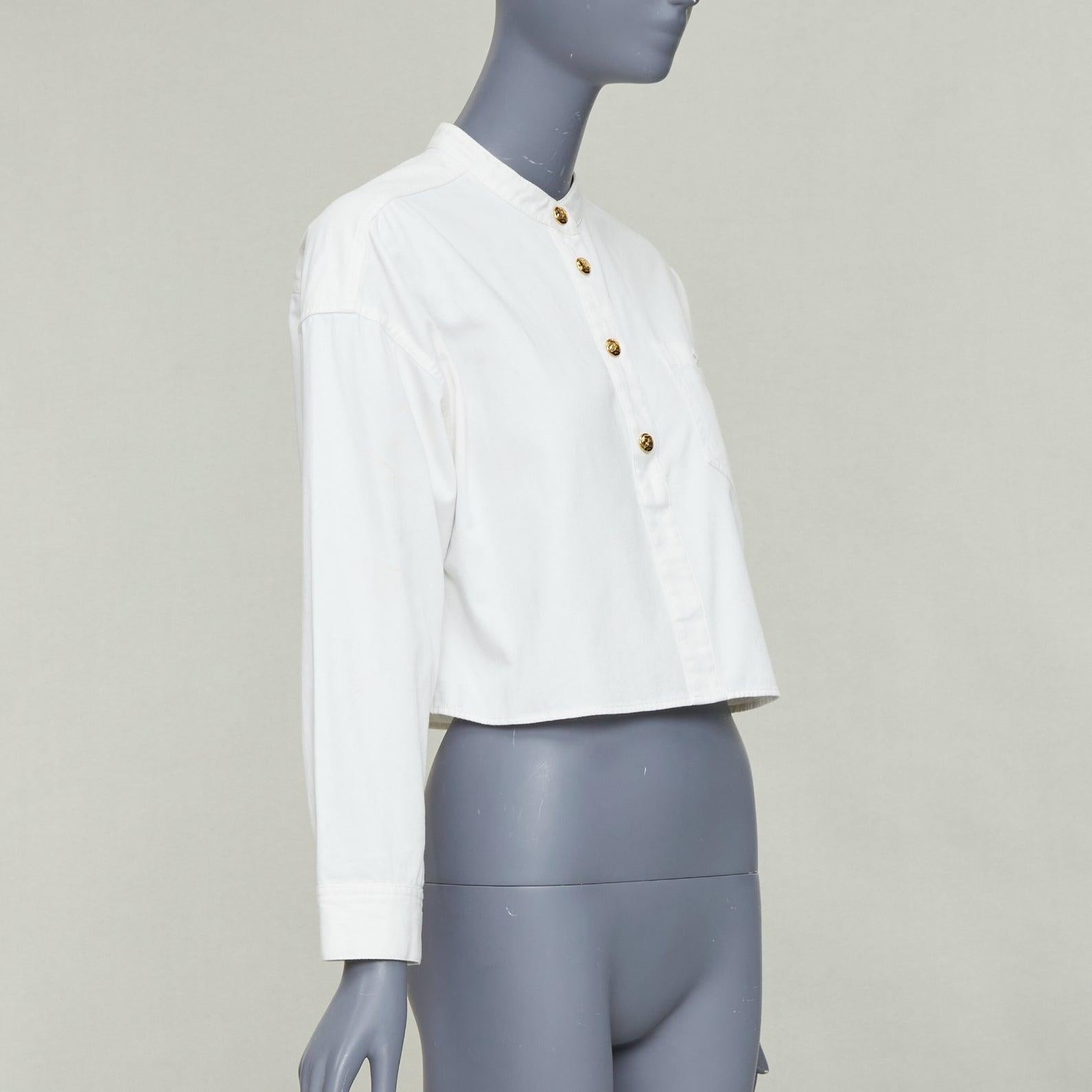 Gray CELINE Triomphe optic white cotton anagram gold button crop popover shirt FR36 S For Sale