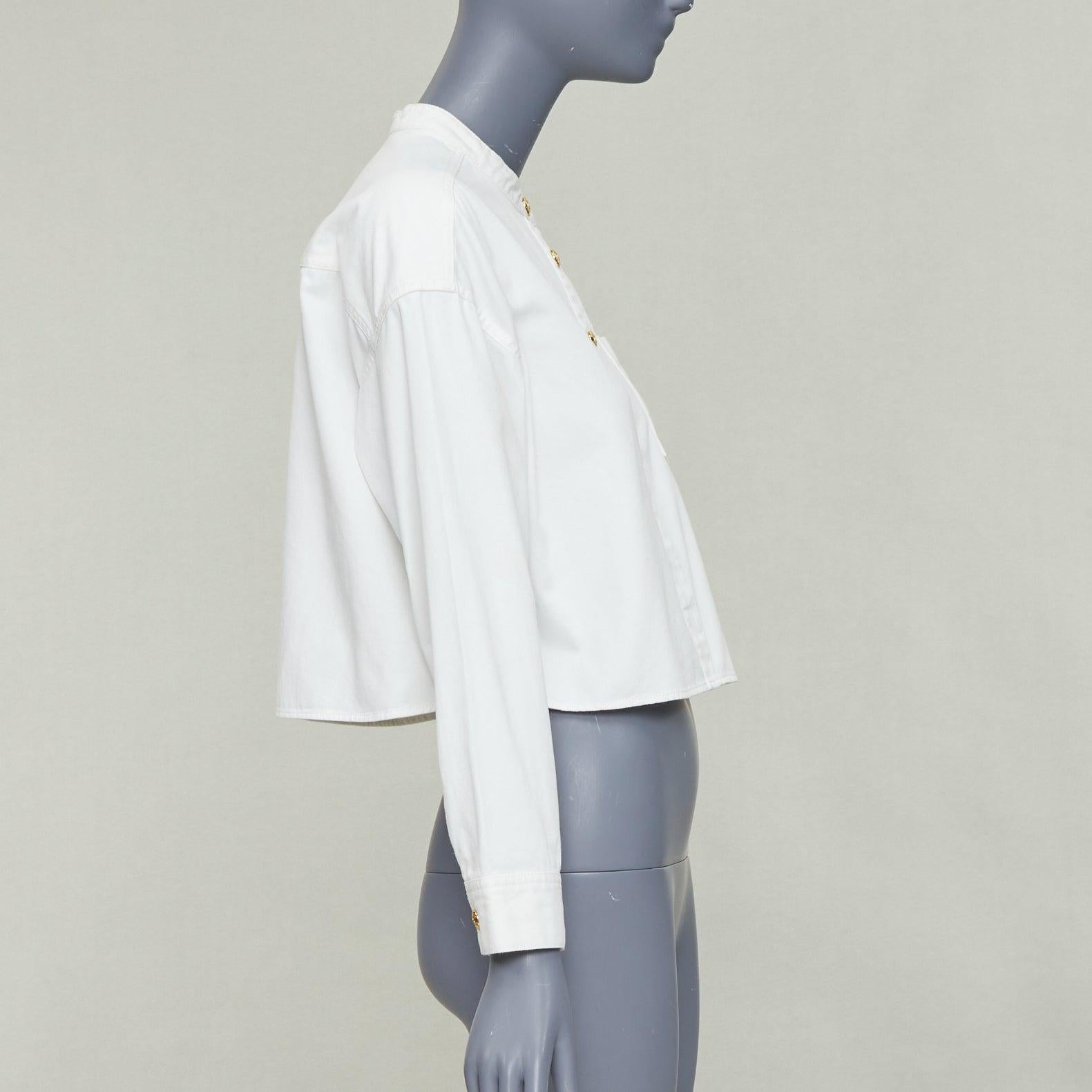 CELINE Triomphe optic white cotton anagram gold button crop popover shirt FR36 S In Good Condition For Sale In Hong Kong, NT