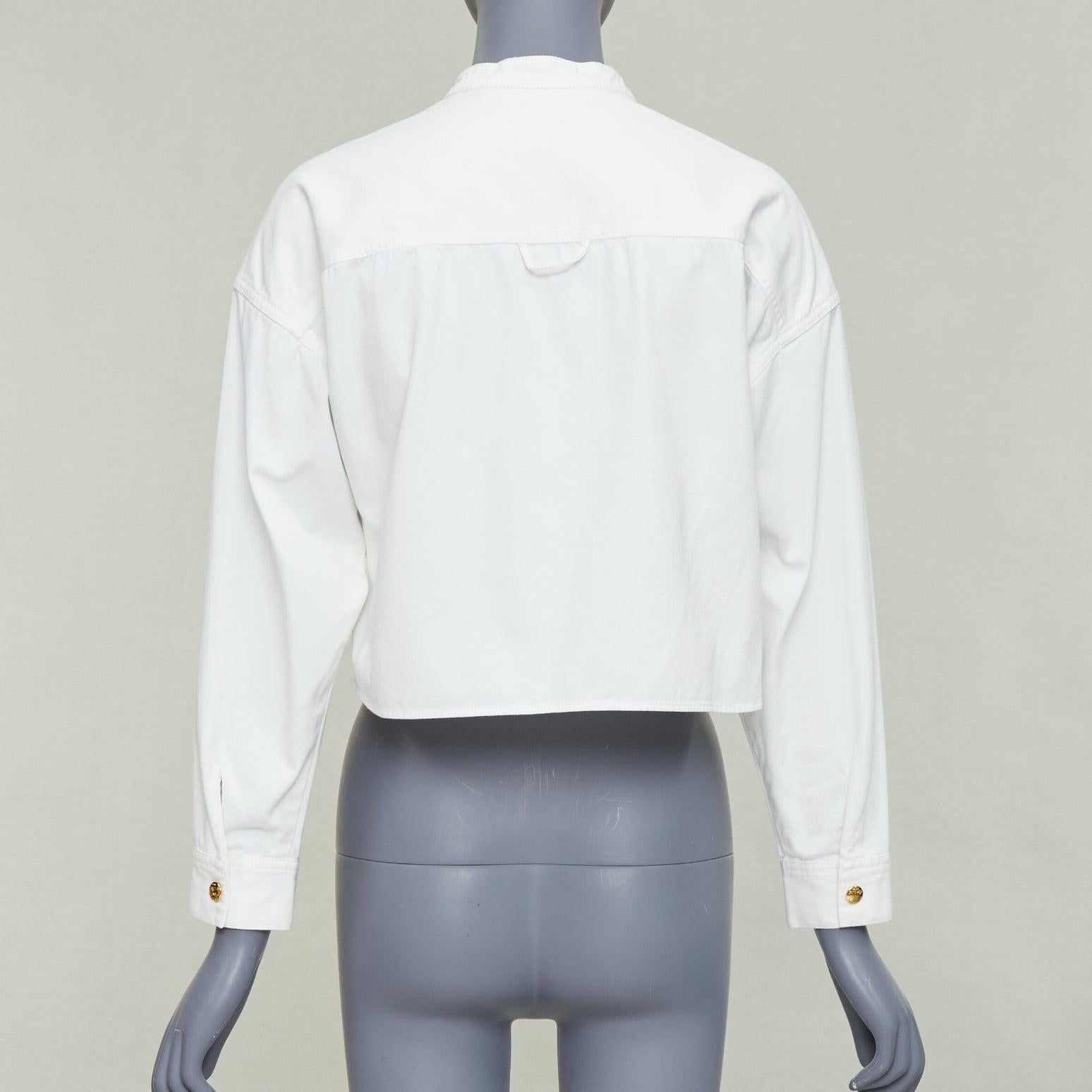 Women's CELINE Triomphe optic white cotton anagram gold button crop popover shirt FR36 S For Sale