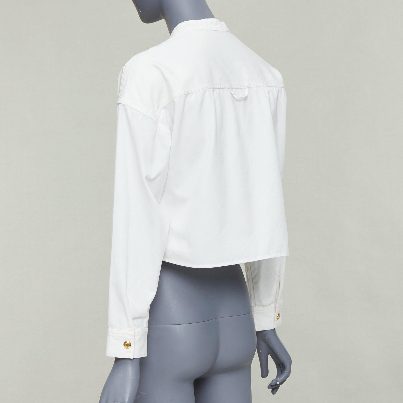 CELINE Triomphe optic white cotton anagram gold button crop popover shirt FR36 S For Sale 1