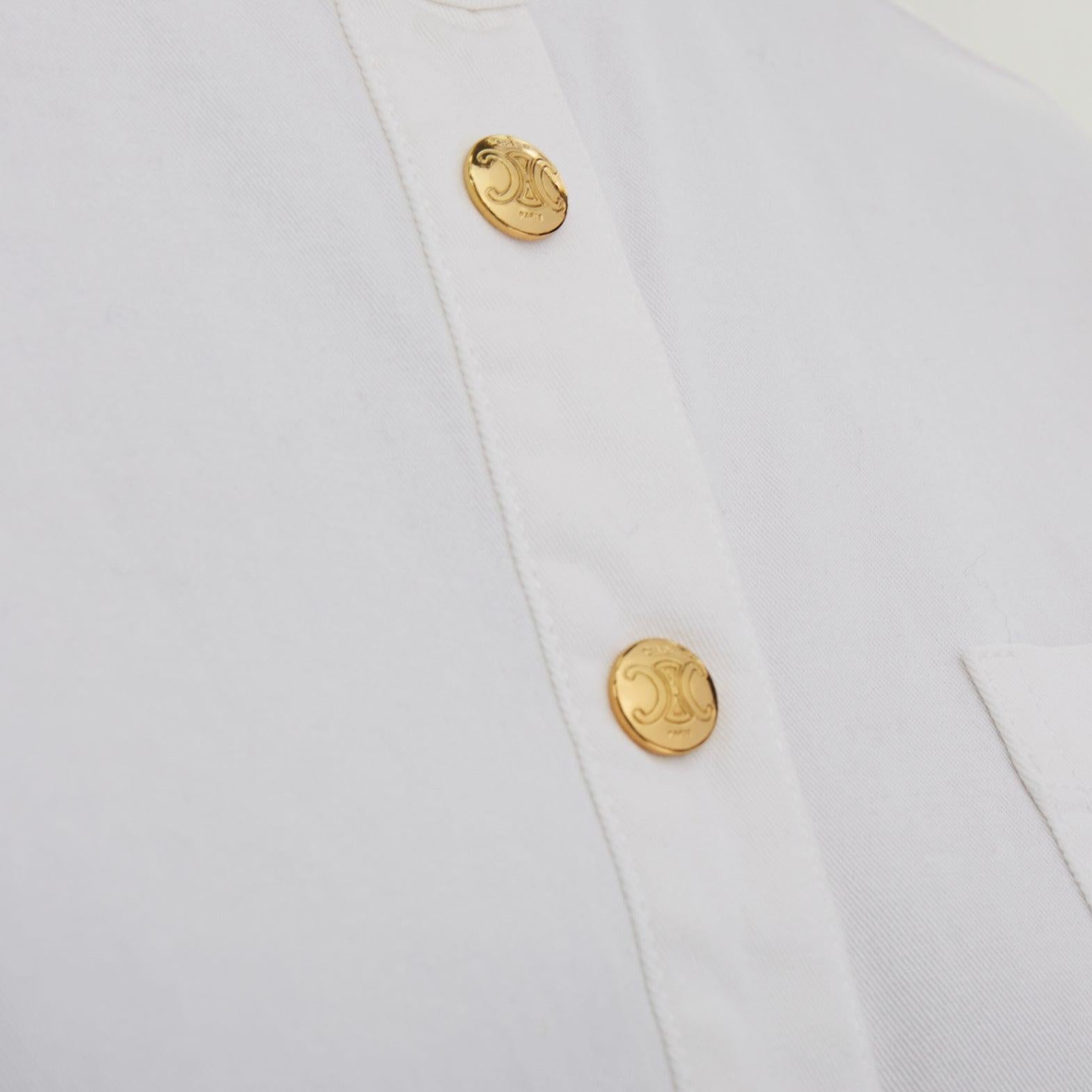 CELINE Triomphe optic white cotton anagram gold button crop popover shirt FR36 S For Sale 2