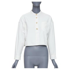 CELINE Triomphe optic white cotton anagram gold button crop popover shirt FR36 S