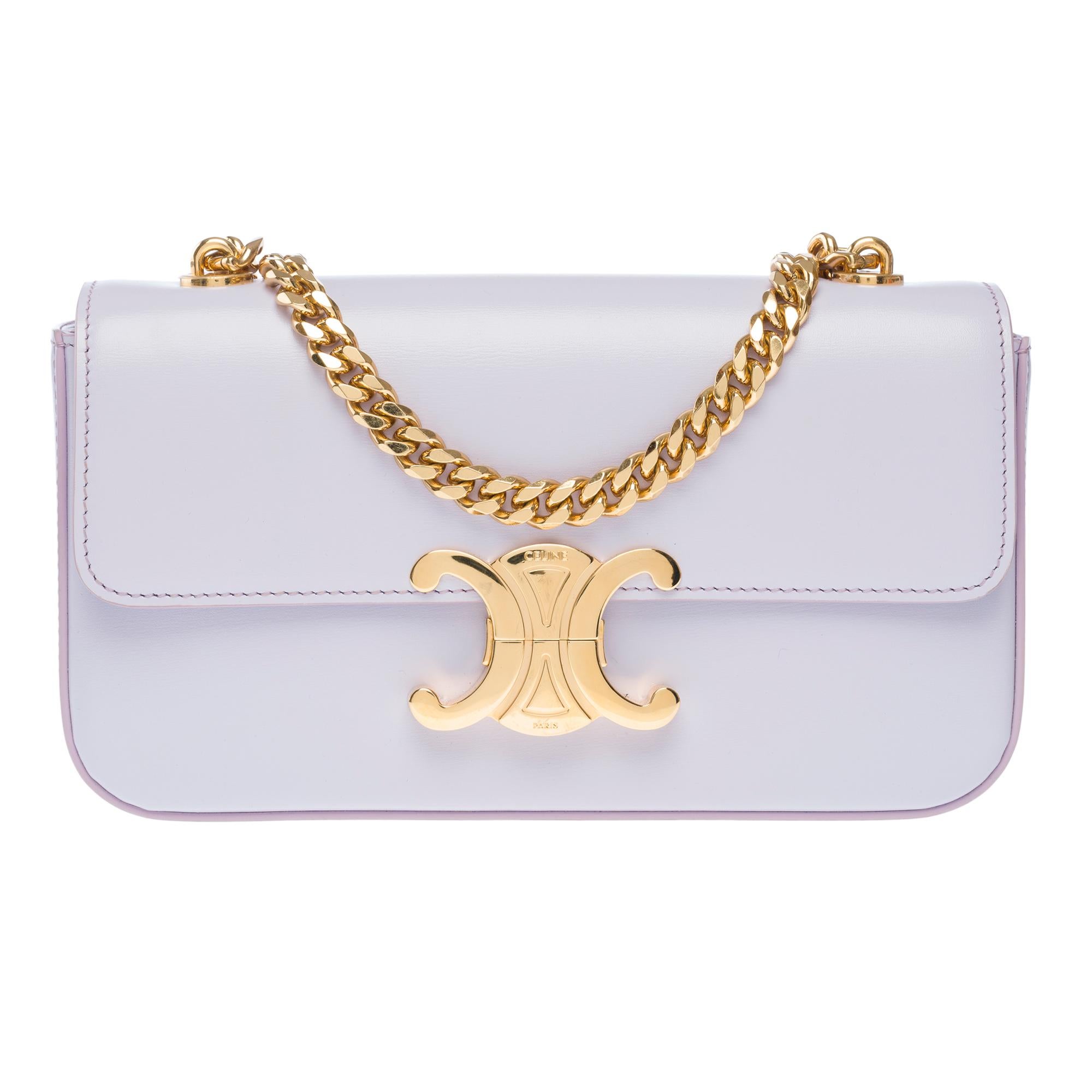 Celine Triomphe shoulder flap bag in satin lilac calf leather, GHW In Excellent Condition For Sale In Paris, IDF