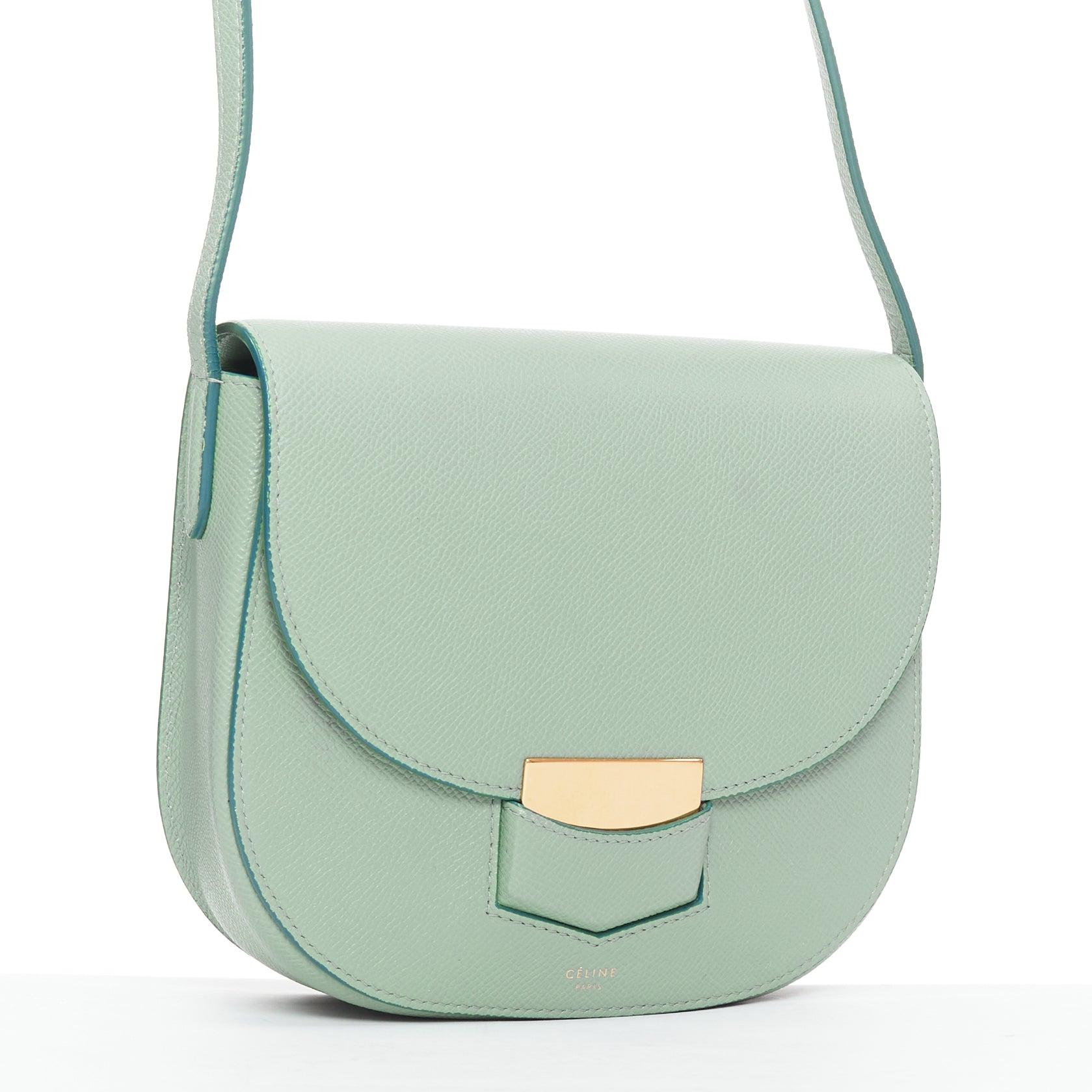 Green CELINE Trotteur mint green grained leather gold hardware small crossbody bag