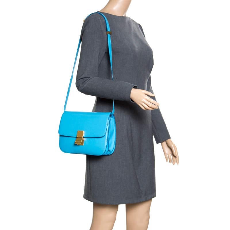 Blue Celine Turquoise Leather Medium Classic Box Shoulder Bag