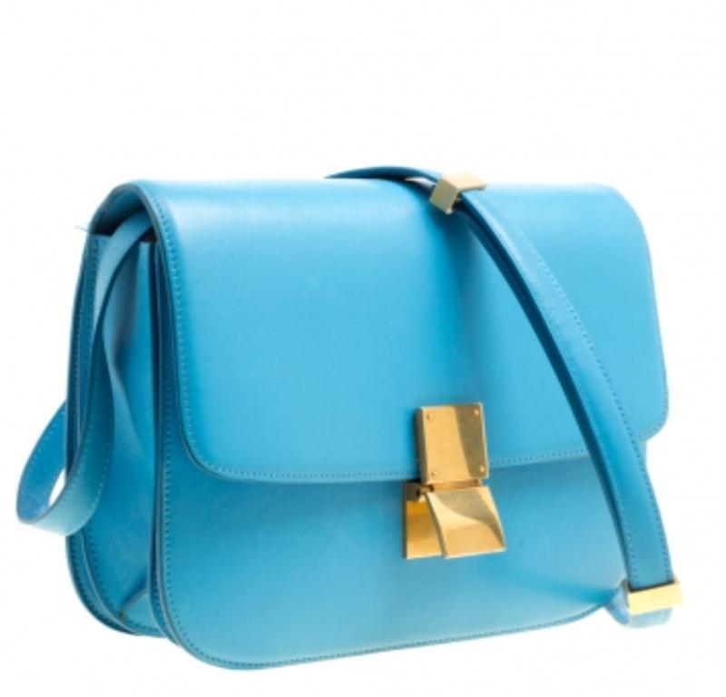 Sac à bandoulière Classic Box moyen en cuir turquoise de Celine en vente 4