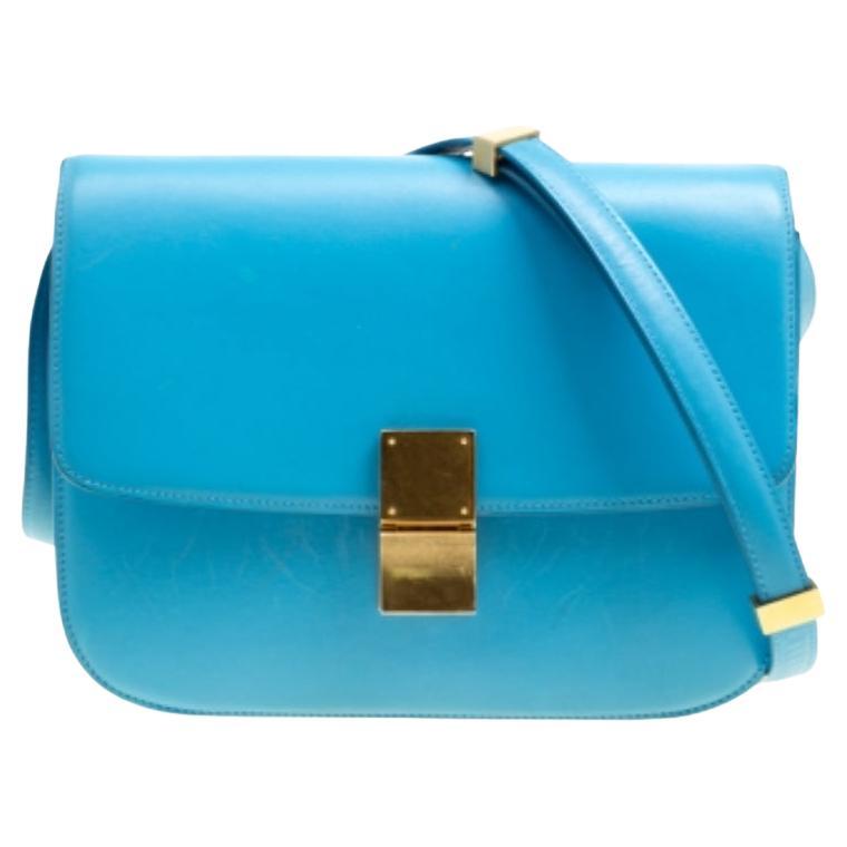 Sac à bandoulière Classic Box moyen en cuir turquoise de Celine en vente