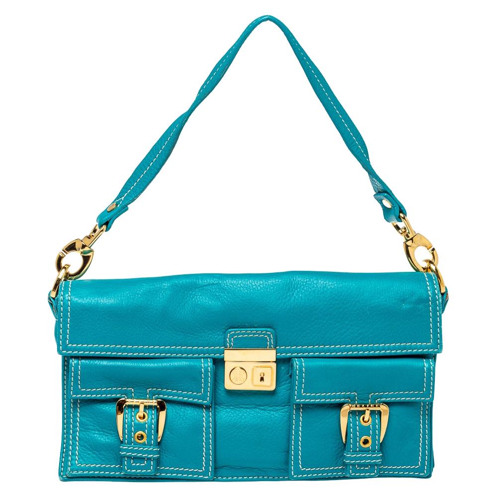 Celine Turquoise Leather Vintage Shoulder Bag