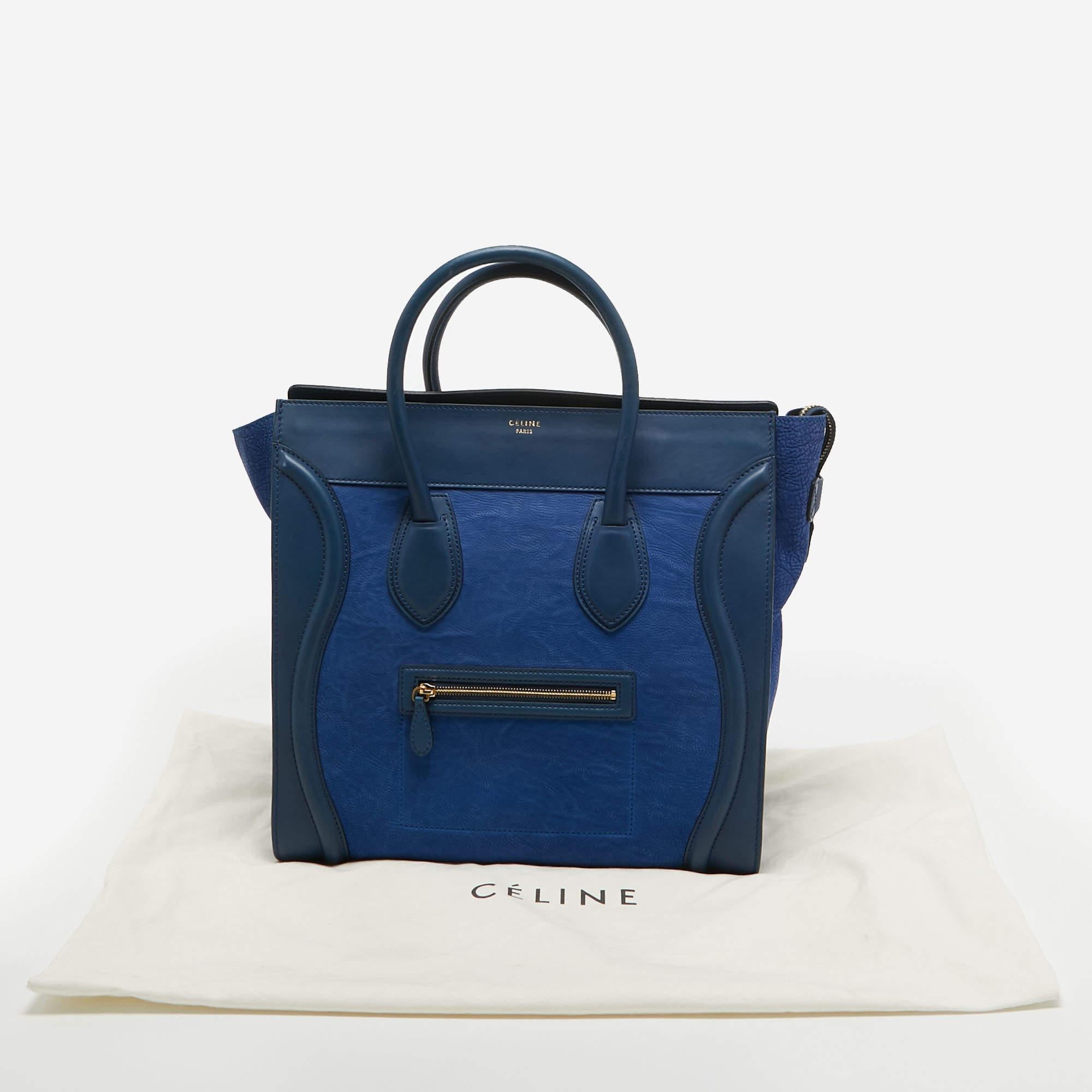 Celine Two Tone Blue Leather and Nubuck Medium Luggage Tote For Sale 11