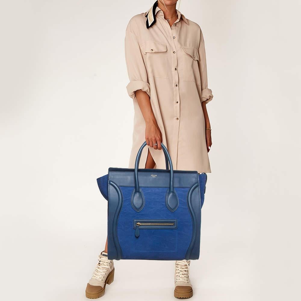 Celine Two Tone Blue Leather and Nubuck Medium Luggage Tote In Good Condition For Sale In Dubai, Al Qouz 2