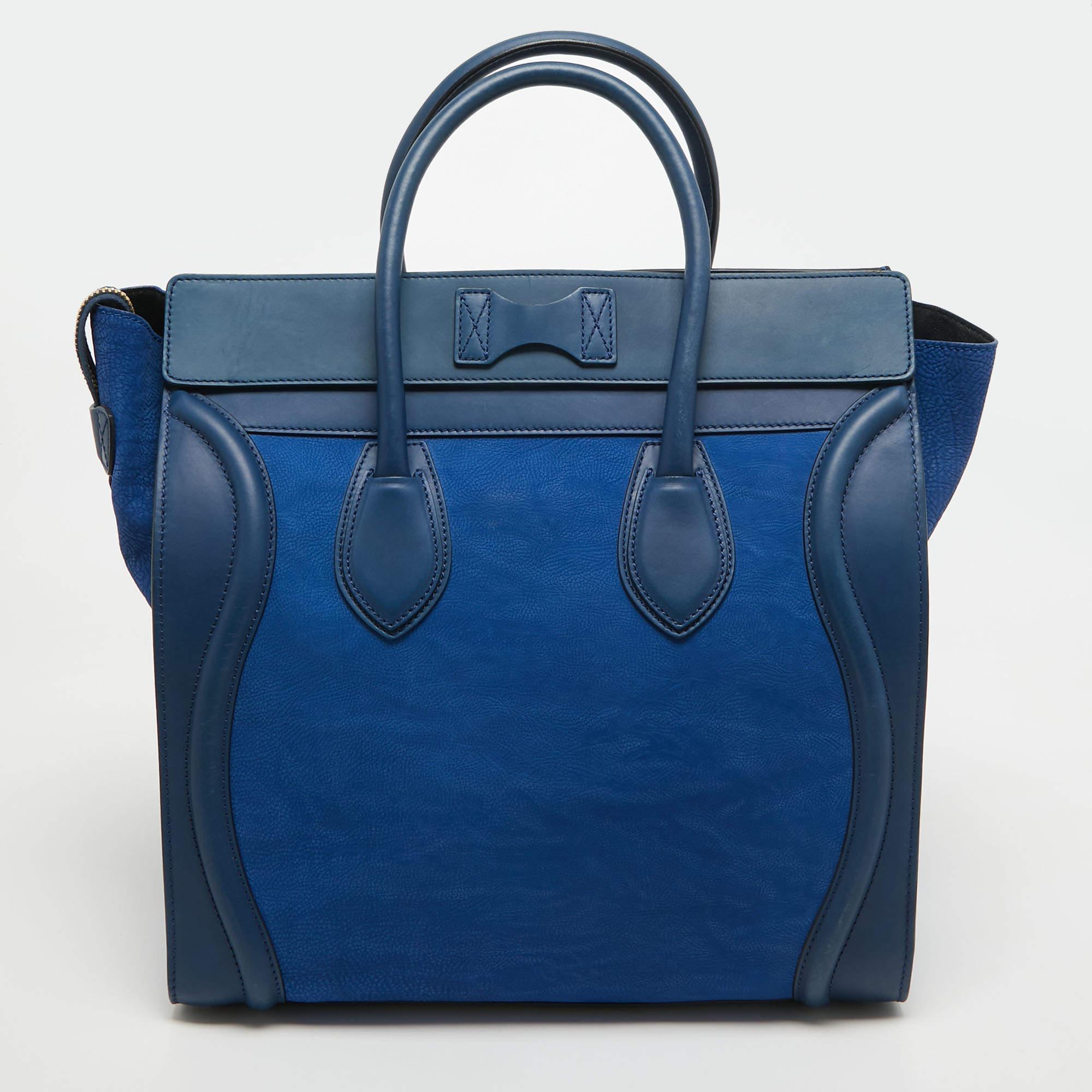 Celine Two Tone Blue Leather and Nubuck Medium Luggage Tote For Sale 2