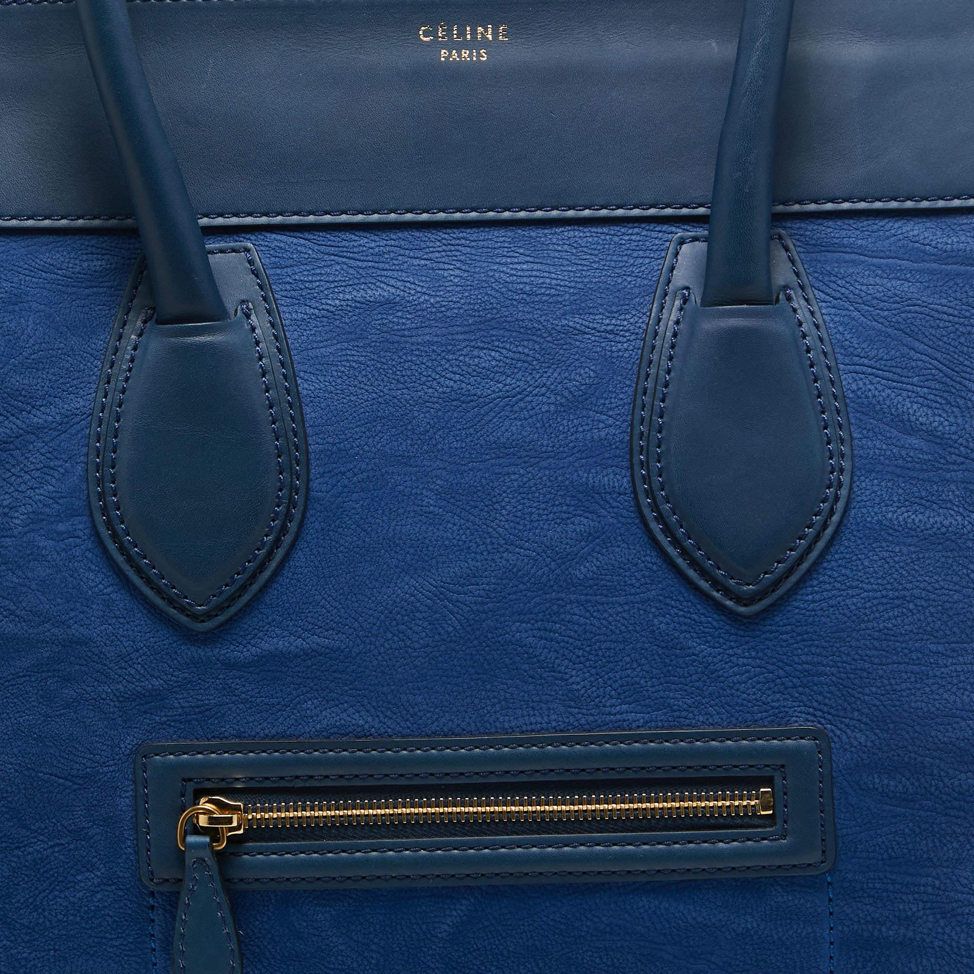 Celine Two Tone Blue Leather and Nubuck Medium Luggage Tote For Sale 3