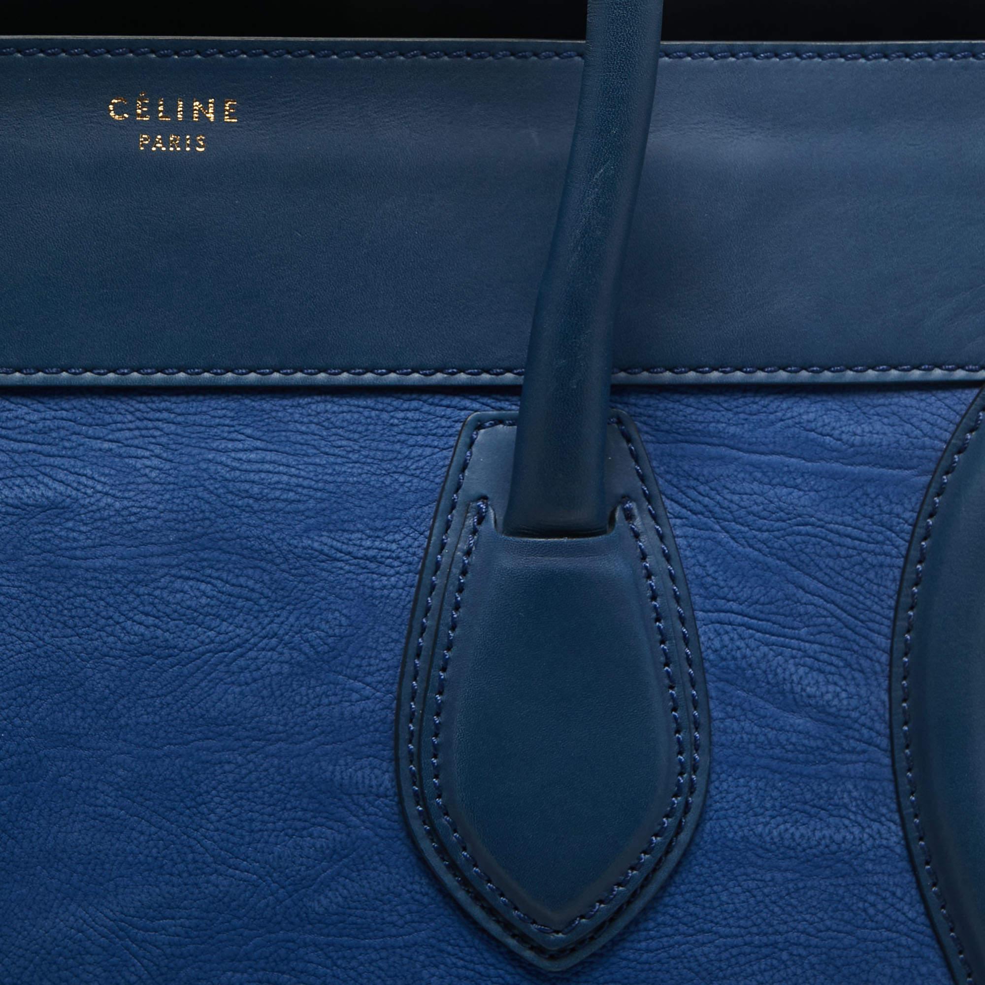 Fourre-tout moyen en cuir et nubuck bleu bicolore de Celine en vente 4