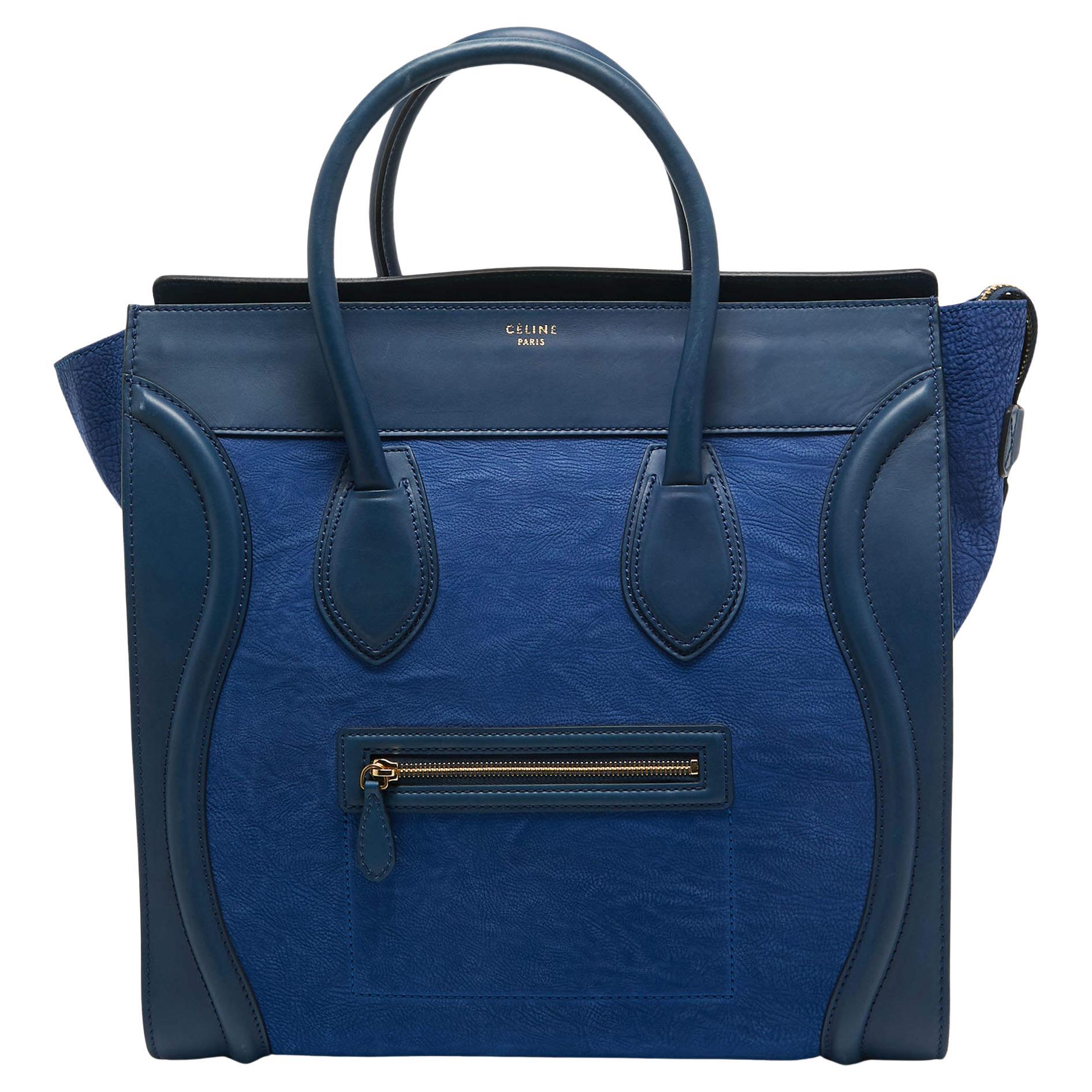 Celine Two Tone Blue Leather and Nubuck Medium Luggage Tote For Sale