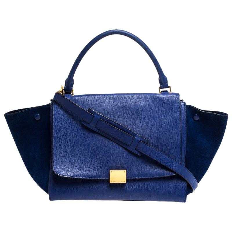 Celine Two Tone Blue Leather and Suede Medium Trapeze Bag