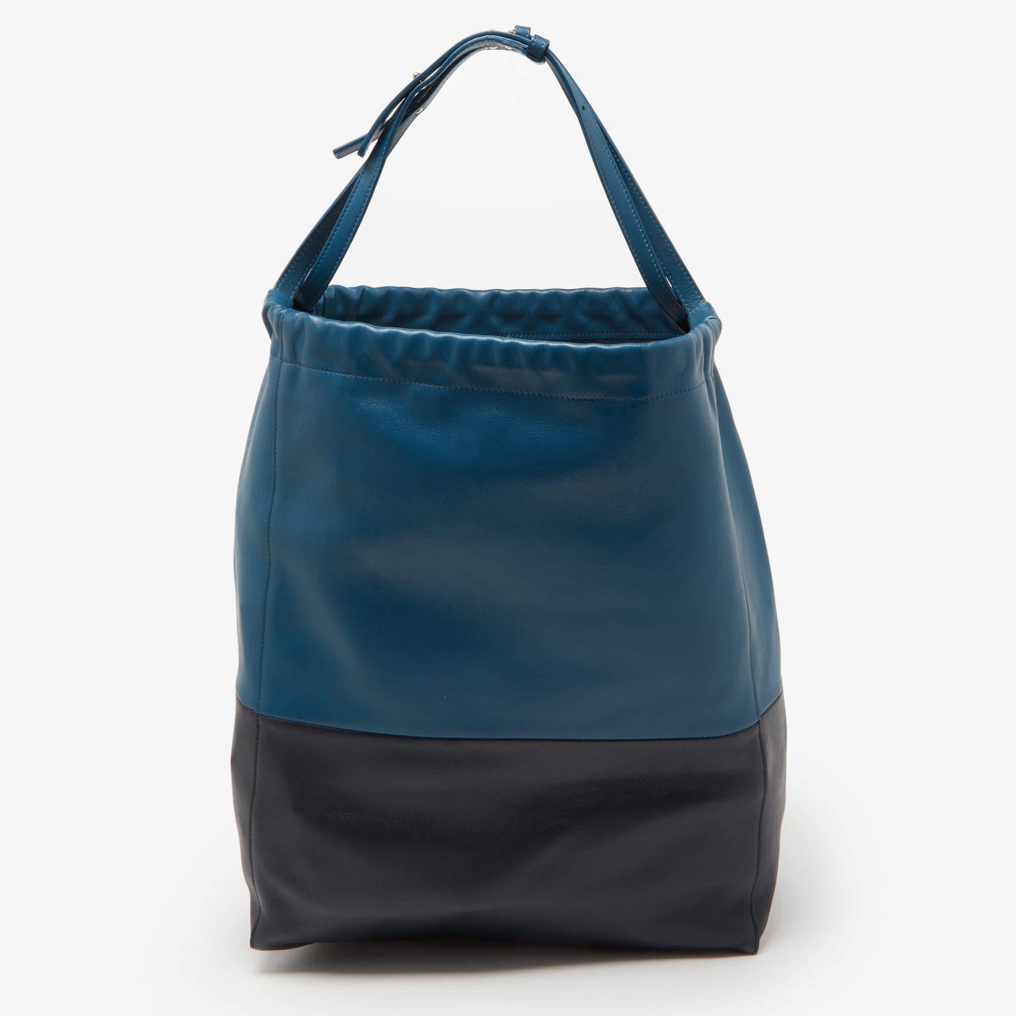 Celine Two Tone Blue Leather Cabas Drawstring Tote For Sale 7