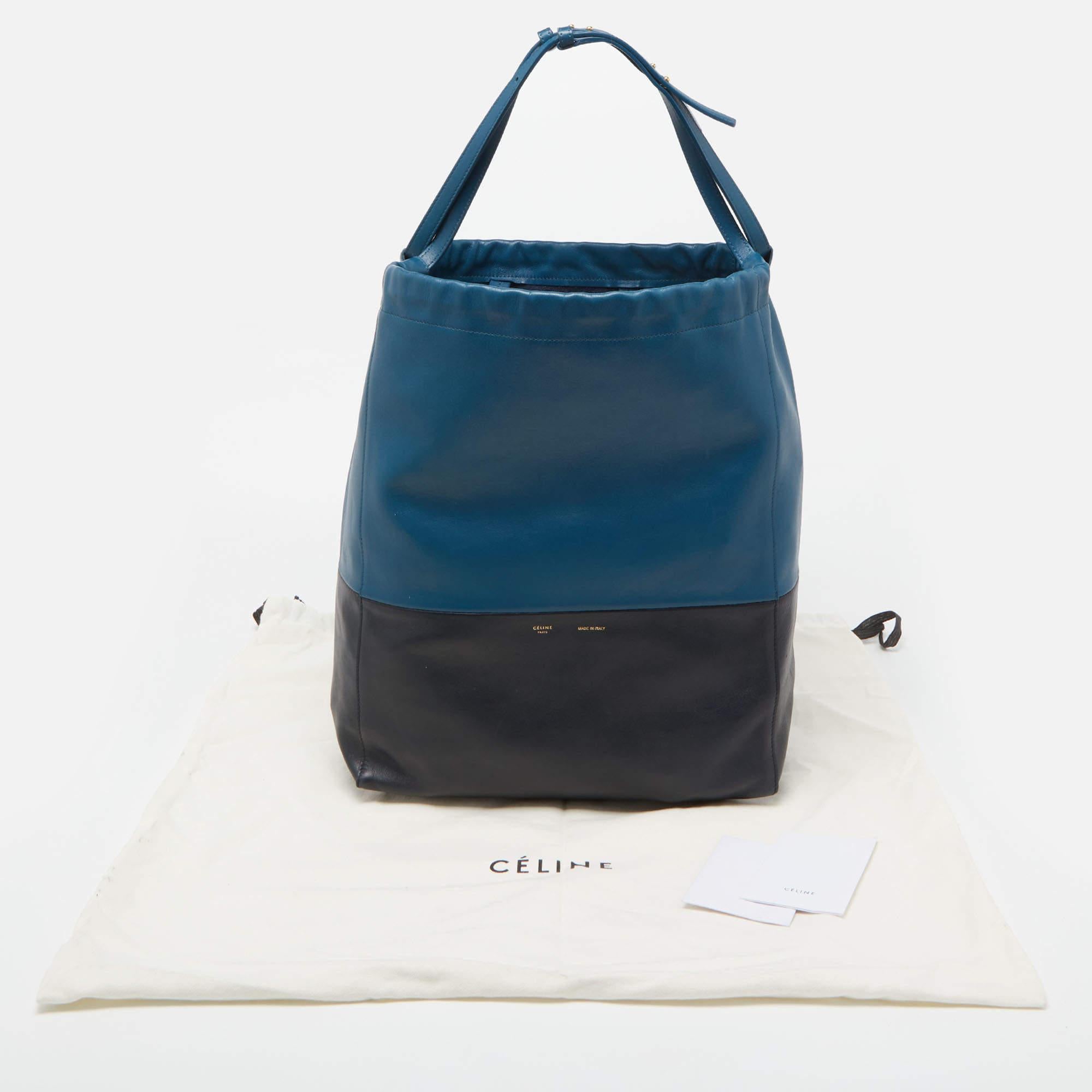 Celine Two Tone Blue Leather Cabas Drawstring Tote For Sale 8
