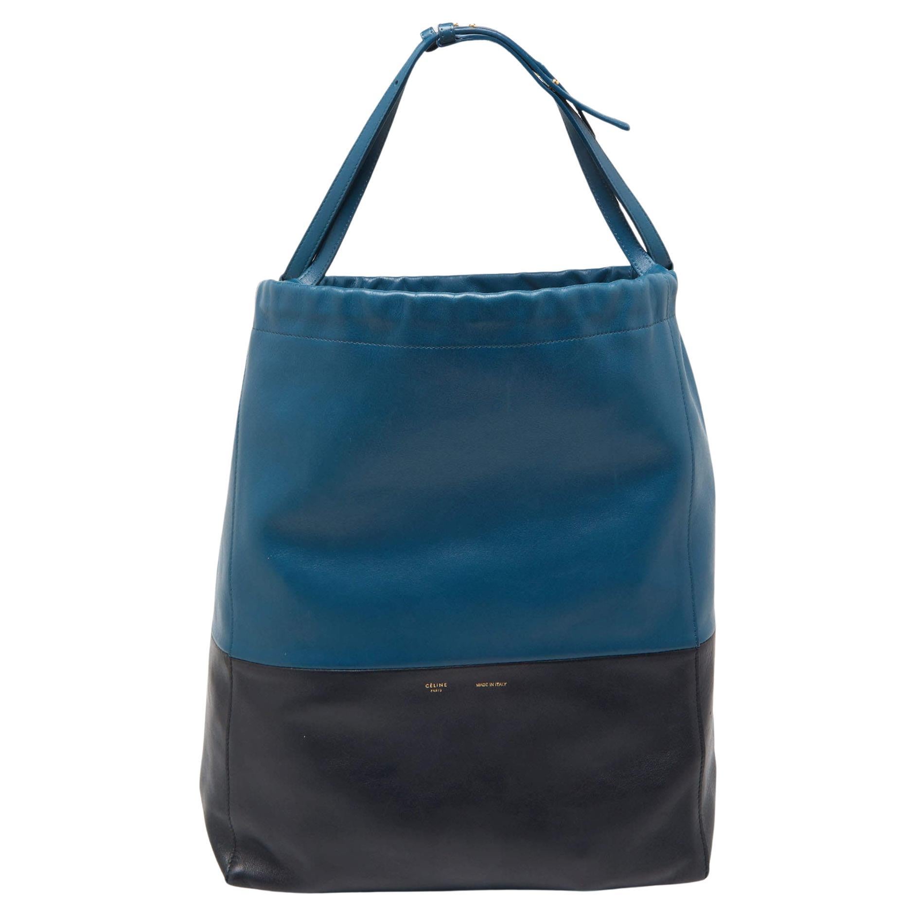 Celine Two Tone Blue Leather Cabas Drawstring Tote For Sale
