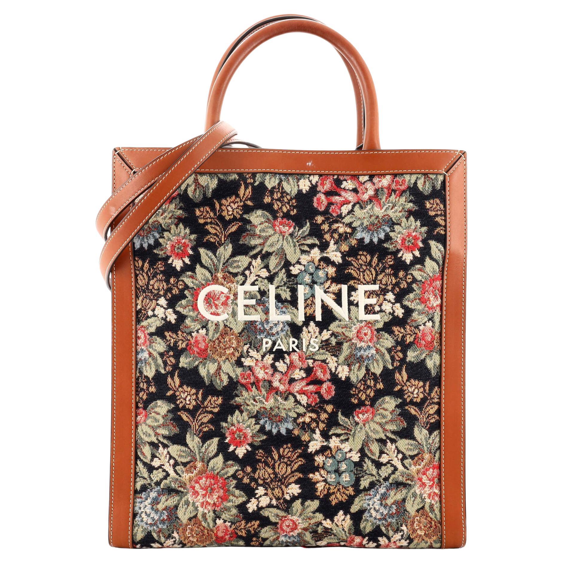 Celine Vertical Cabas Tote Floral Jacquard with Leather Small at
