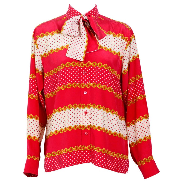 Chemise cravate à col imprimé chaîne Celine vintage des années