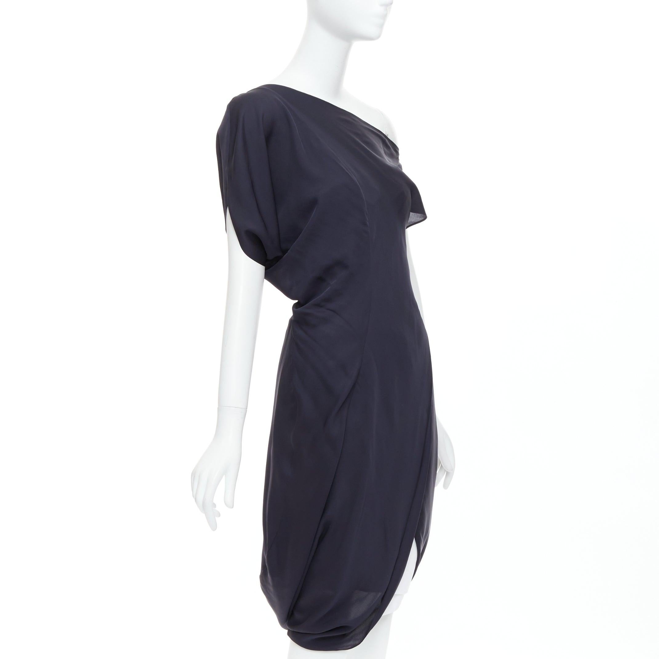 CELINE Vintage Vestido drapeado asimétrico con ribete de algodón 100% seda FR36 S Negro